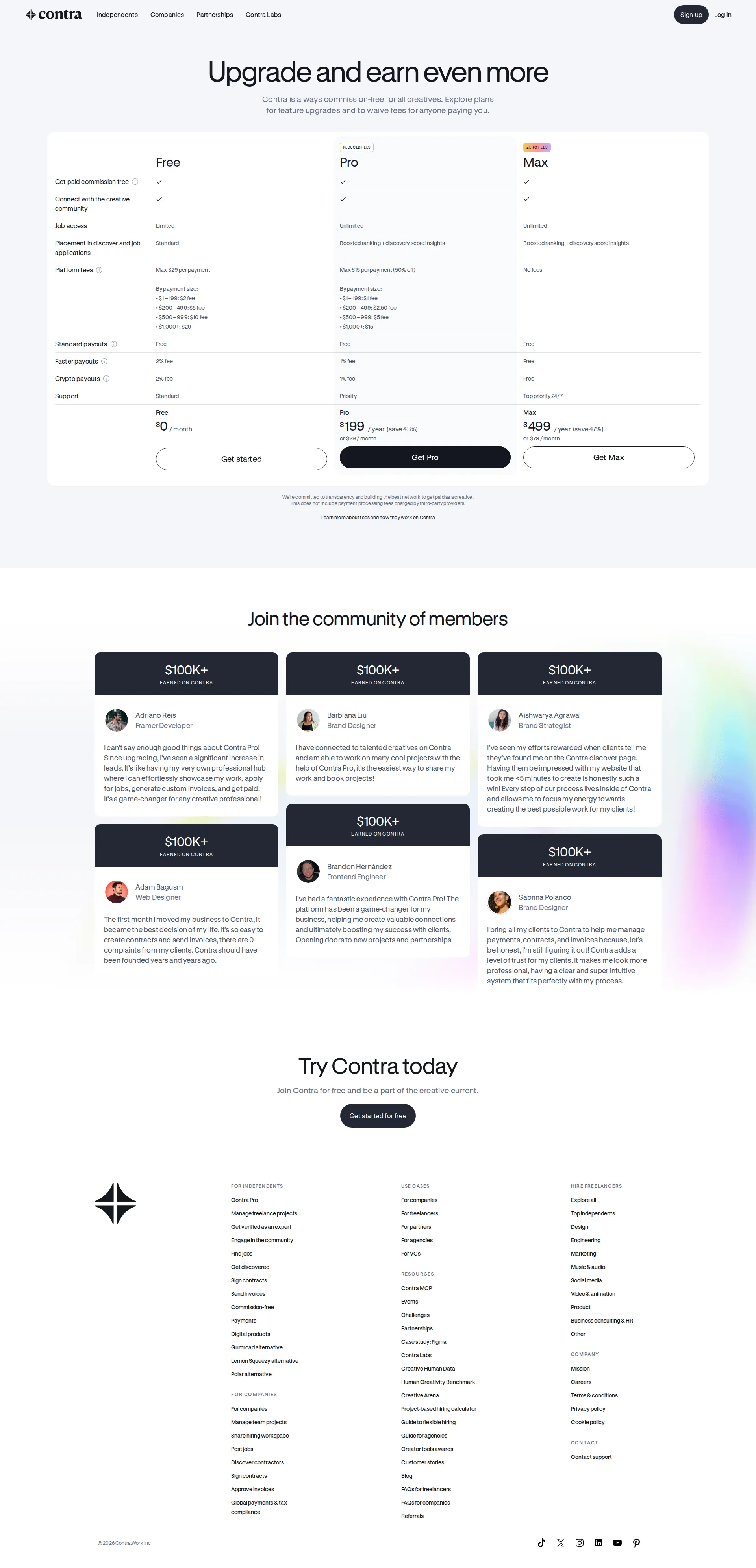 Contra pricing page screenshot