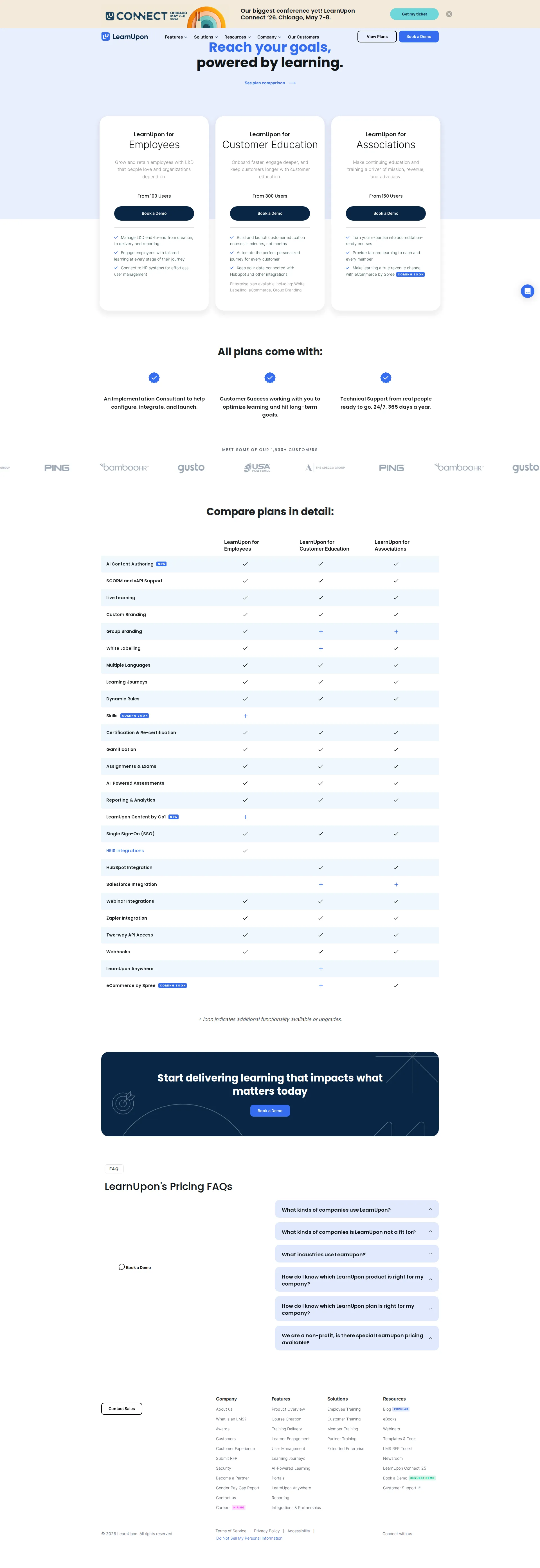 LearnUpon pricing page screenshot