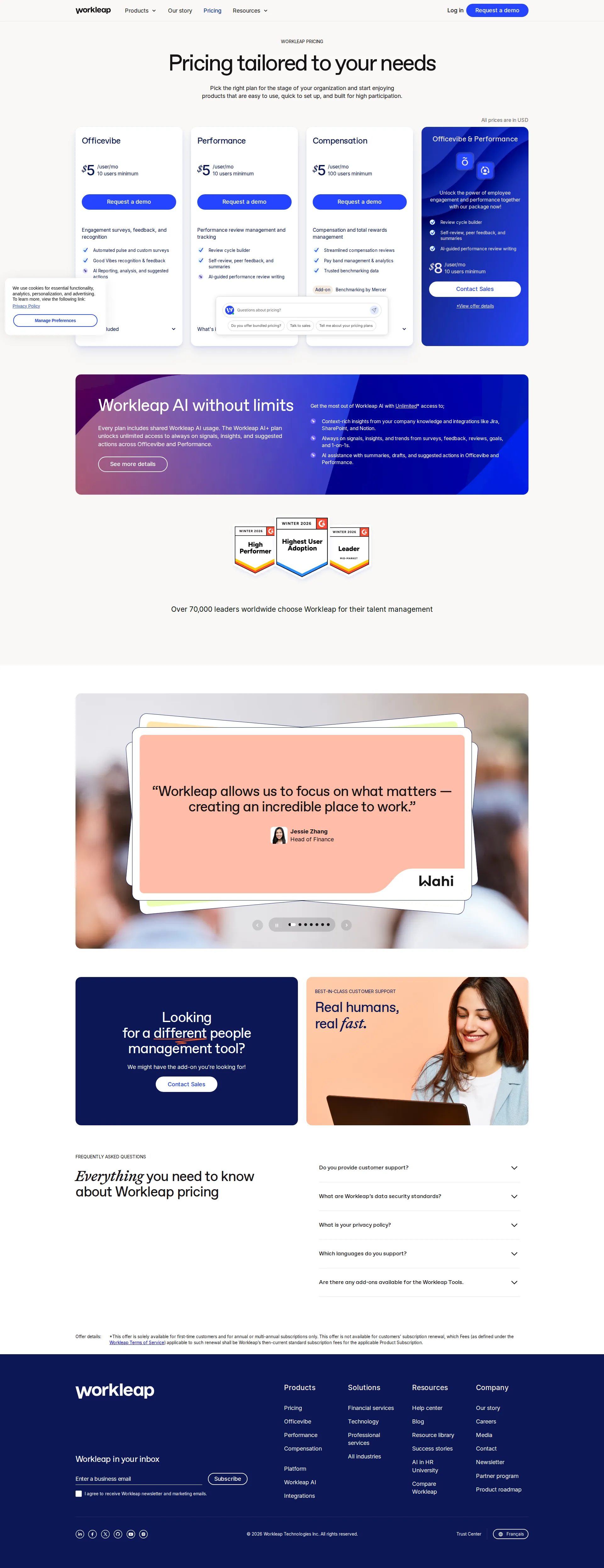 Officevibe pricing page screenshot