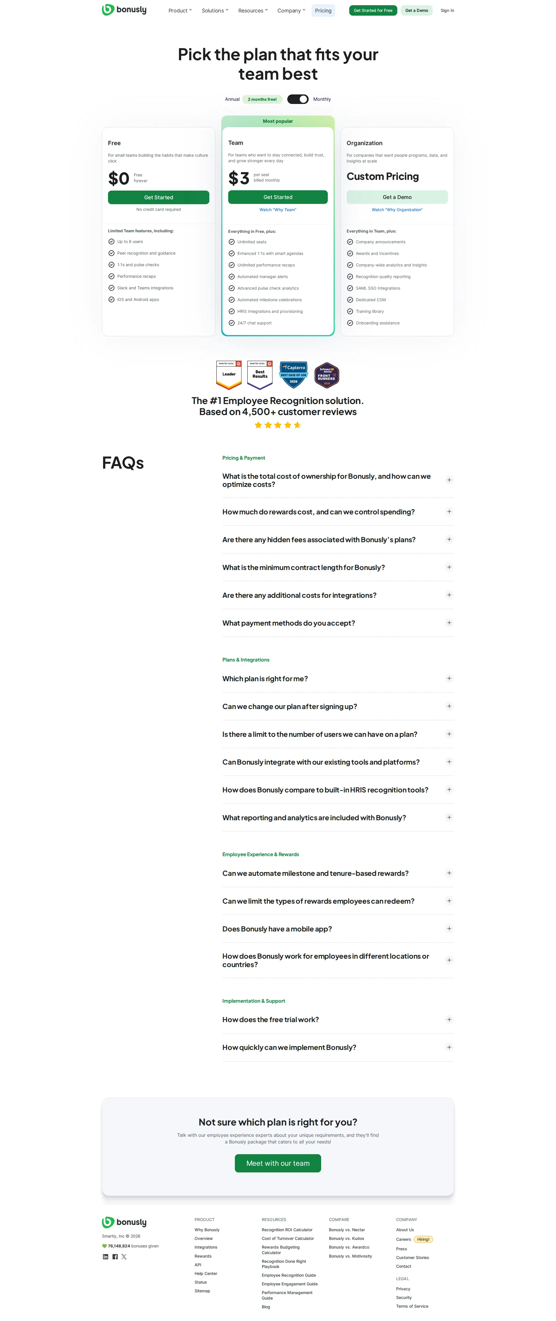Bonusly pricing page screenshot