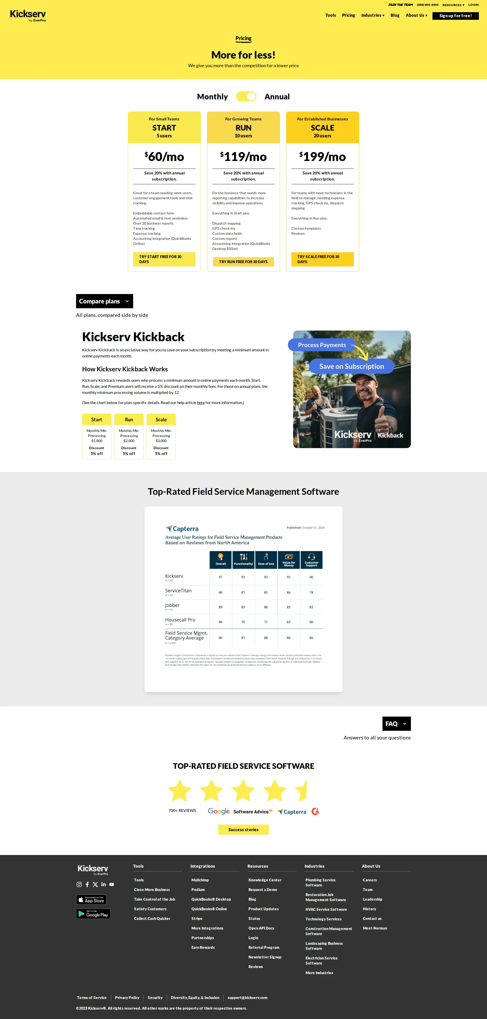 Kickserv pricing page screenshot