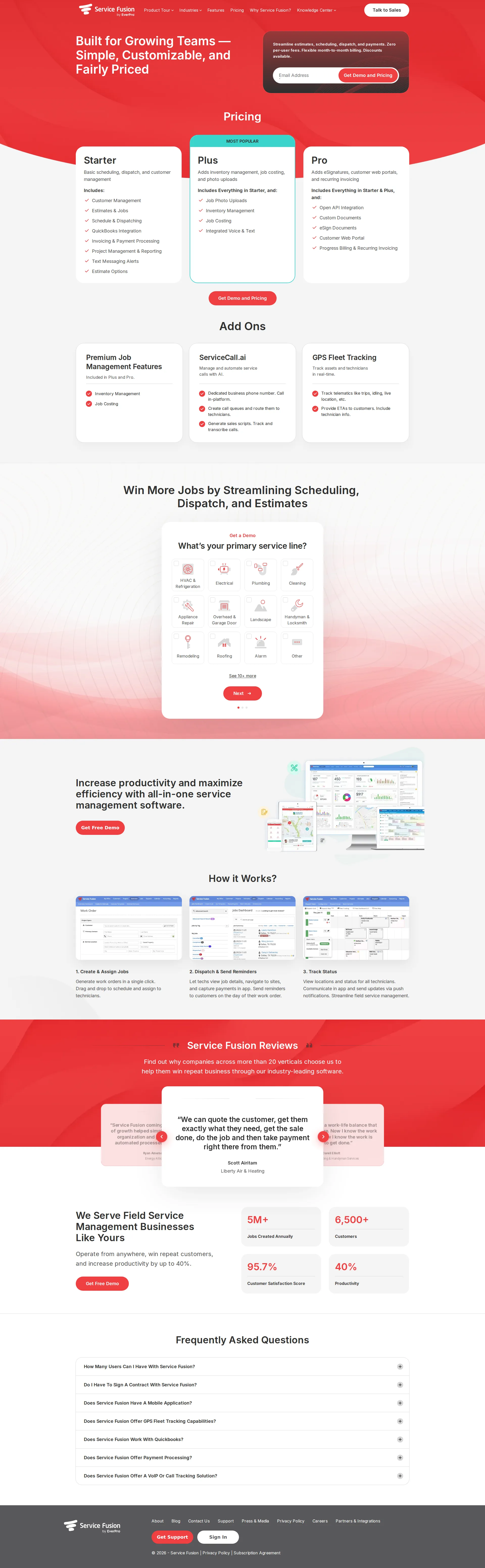 ServiceFusion pricing page screenshot