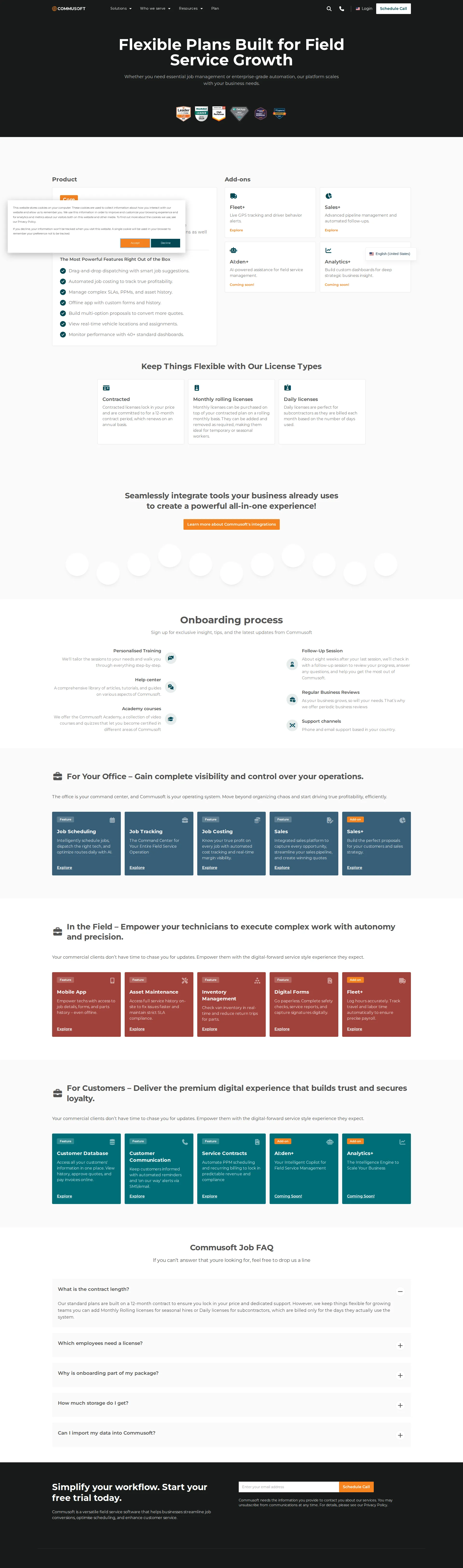 Commusoft pricing page screenshot