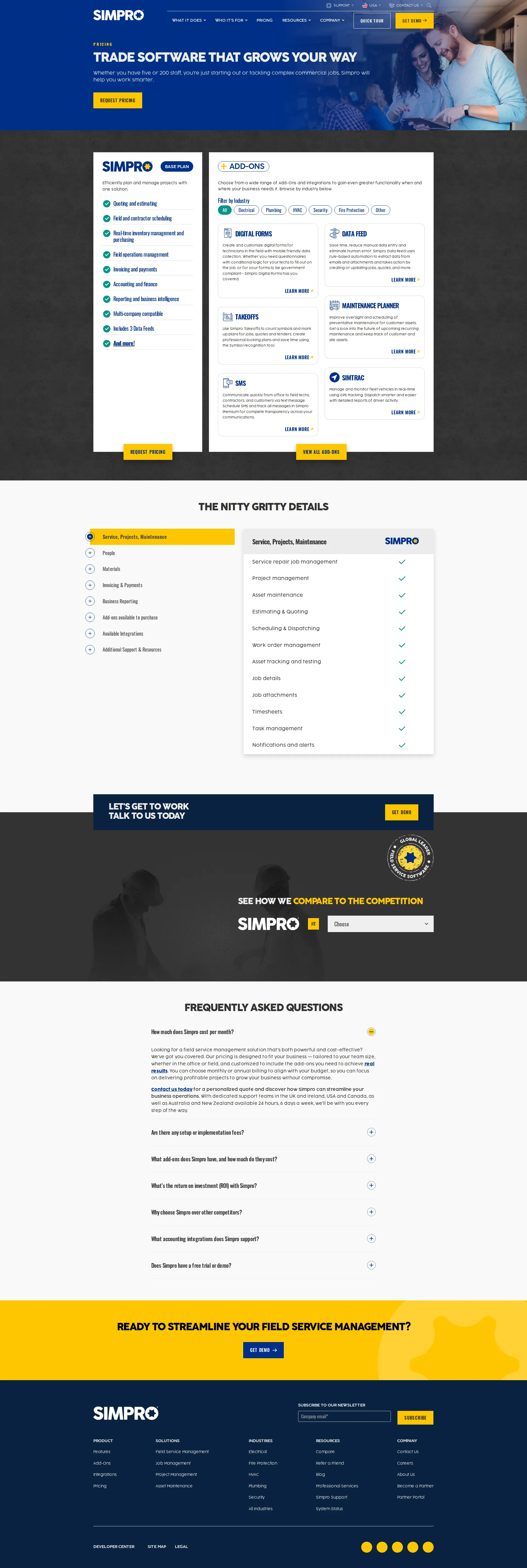 Simpro pricing page screenshot
