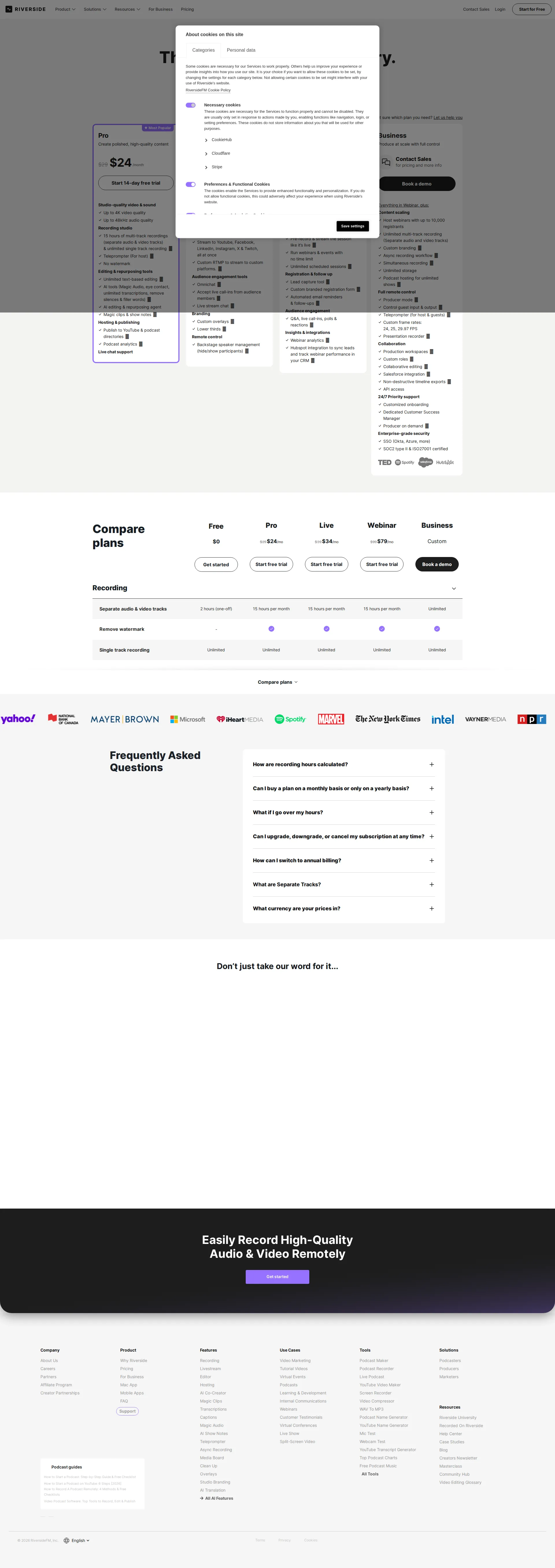 Riverside.fm Pro pricing page screenshot
