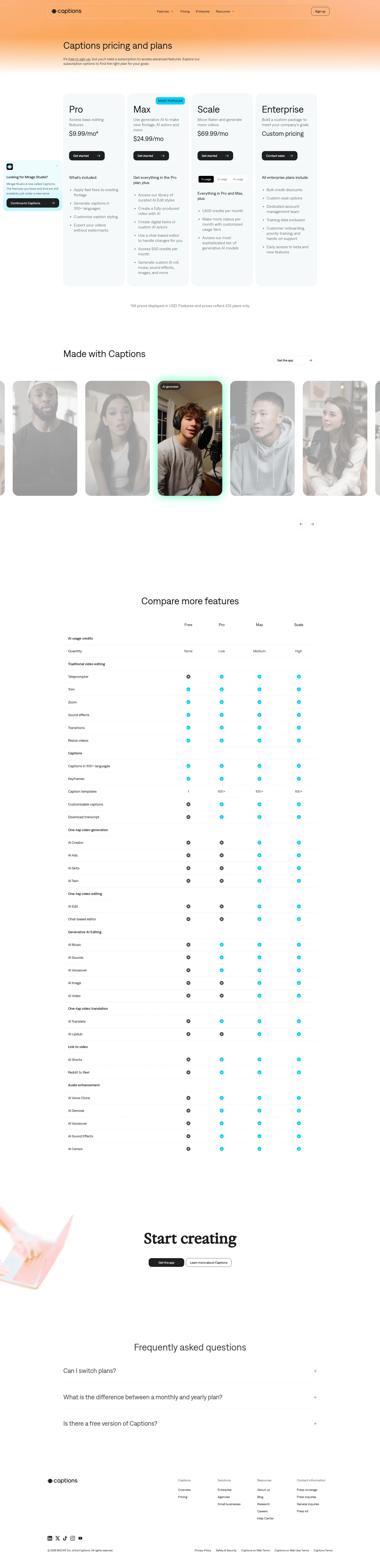 Captions App pricing page screenshot