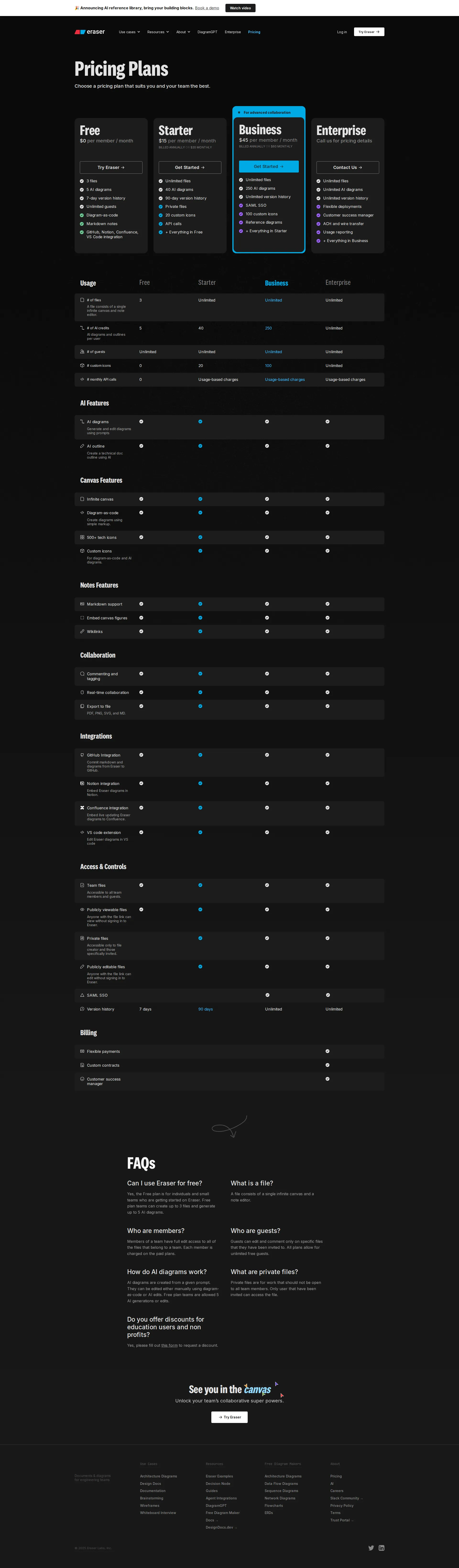 Notion-like Eraser pricing page screenshot