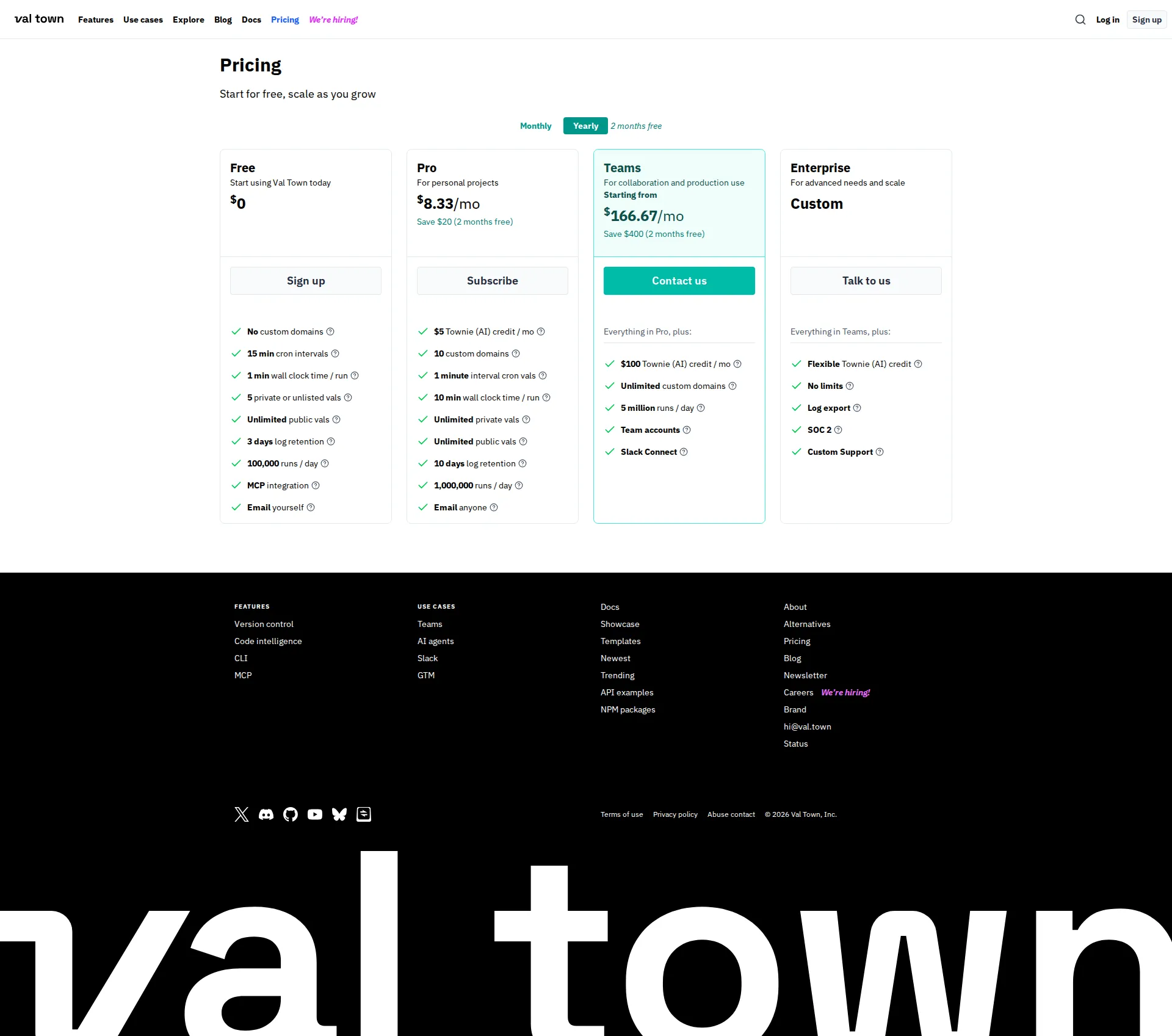 Val.town pricing page screenshot