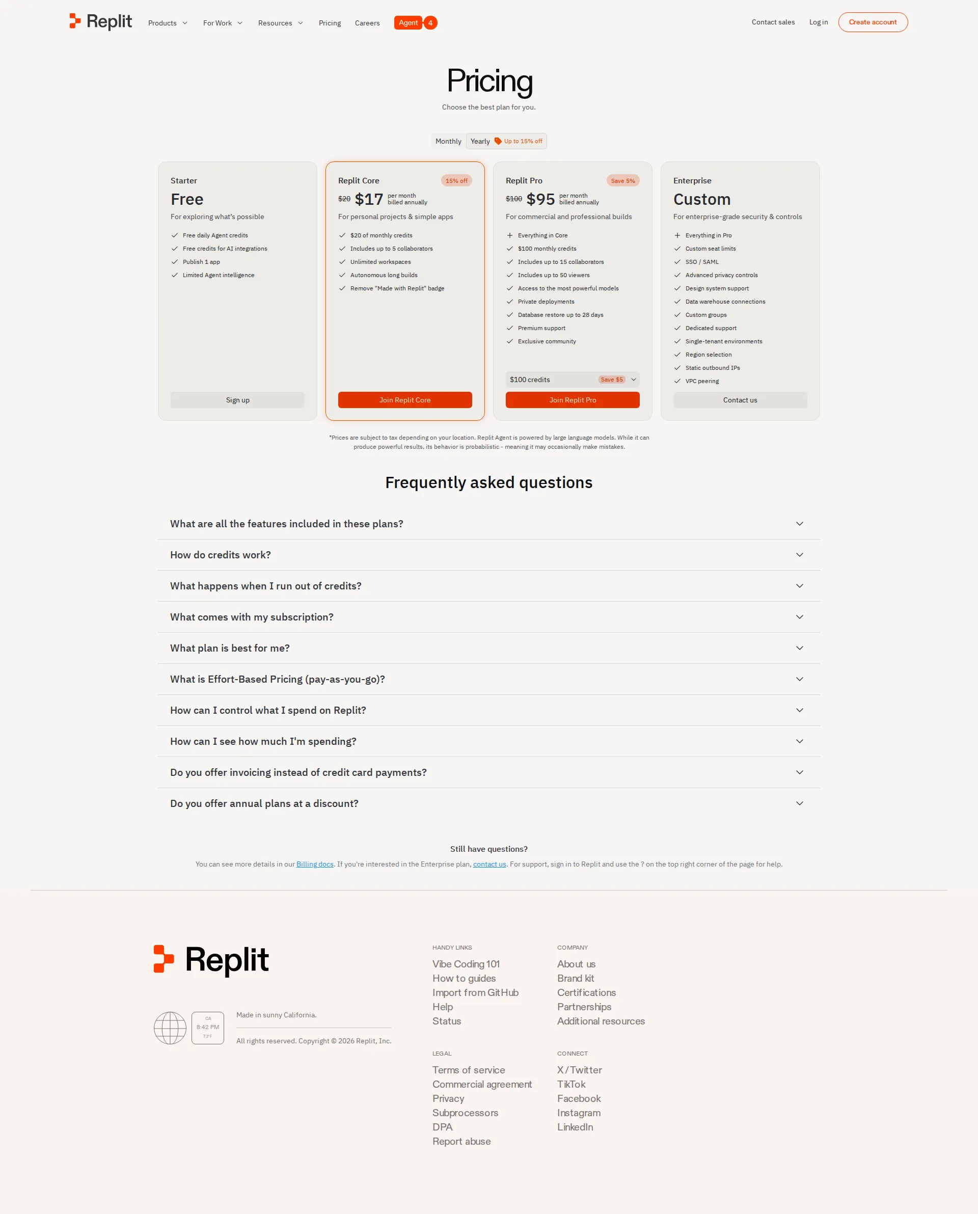 Replit Agent pricing page screenshot