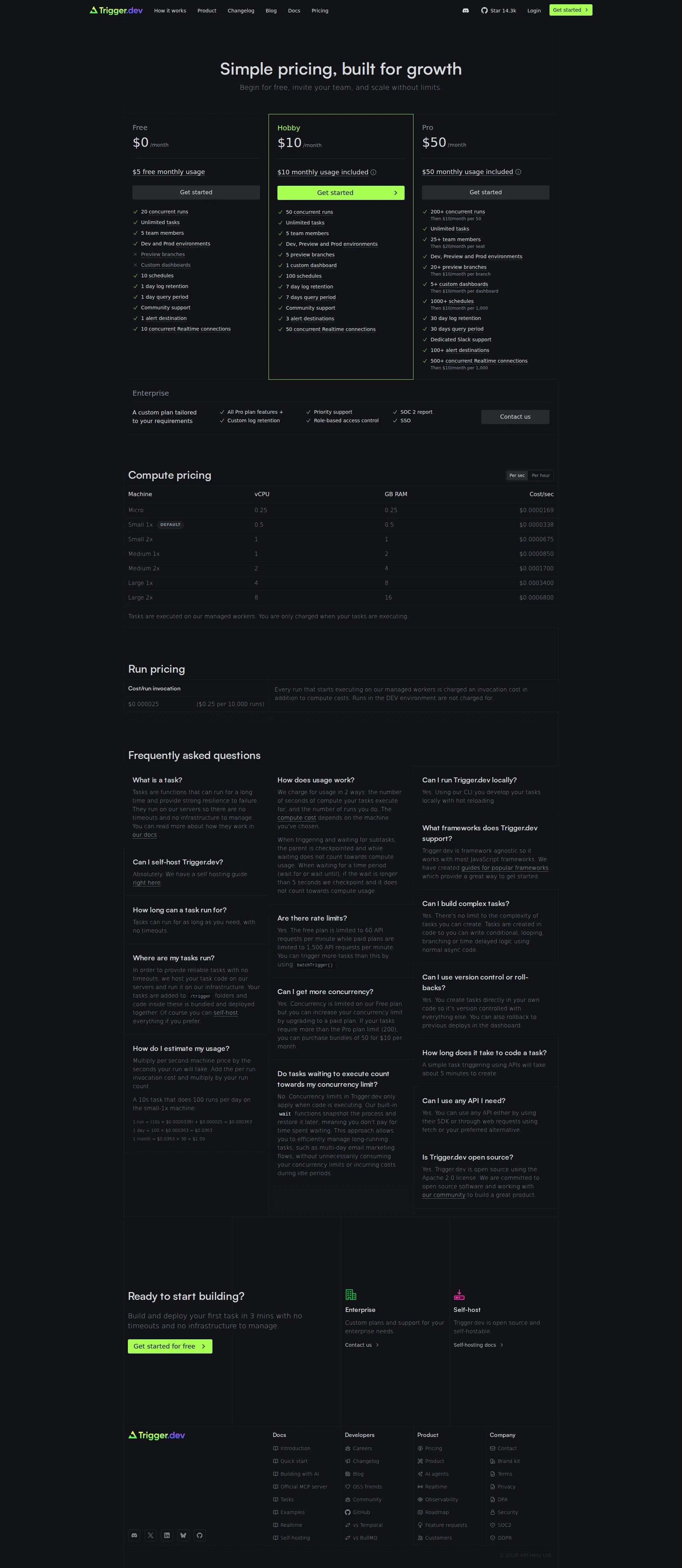 Trigger.dev pricing page screenshot