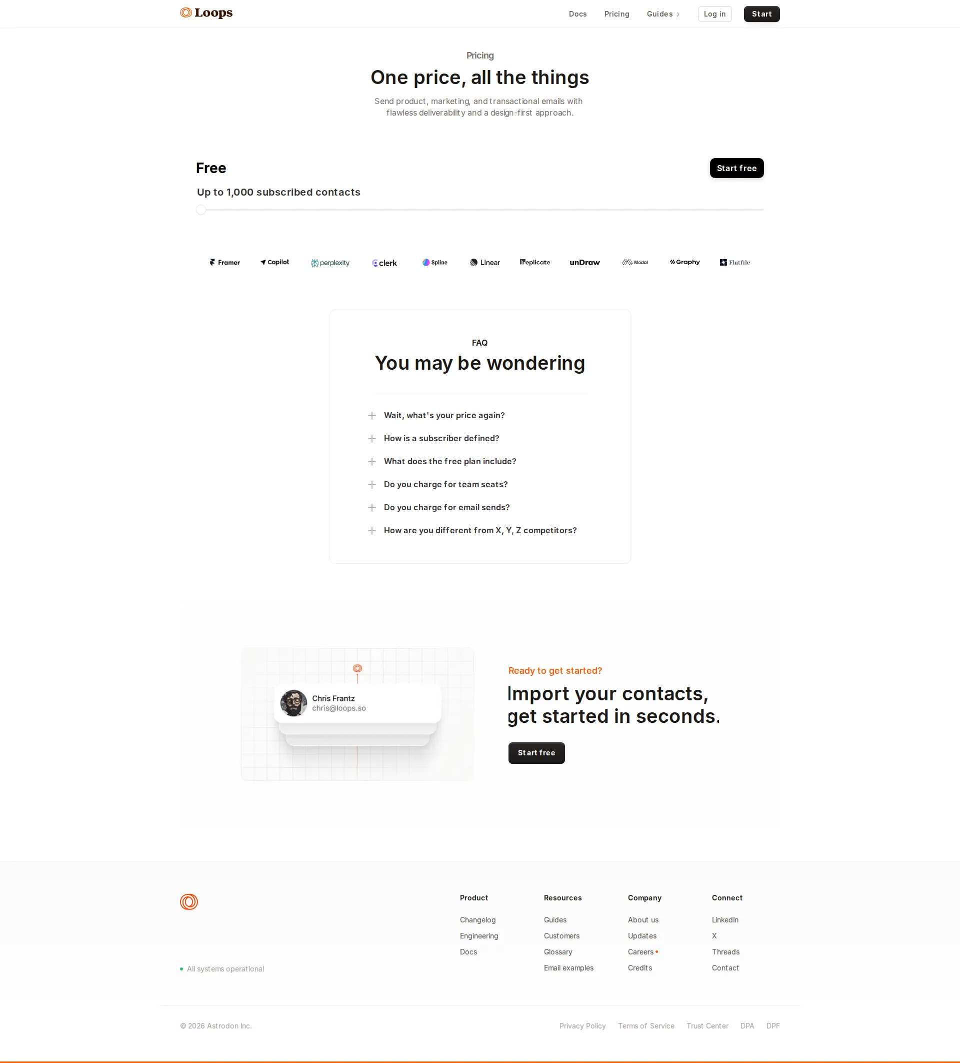 Loops Email pricing page screenshot