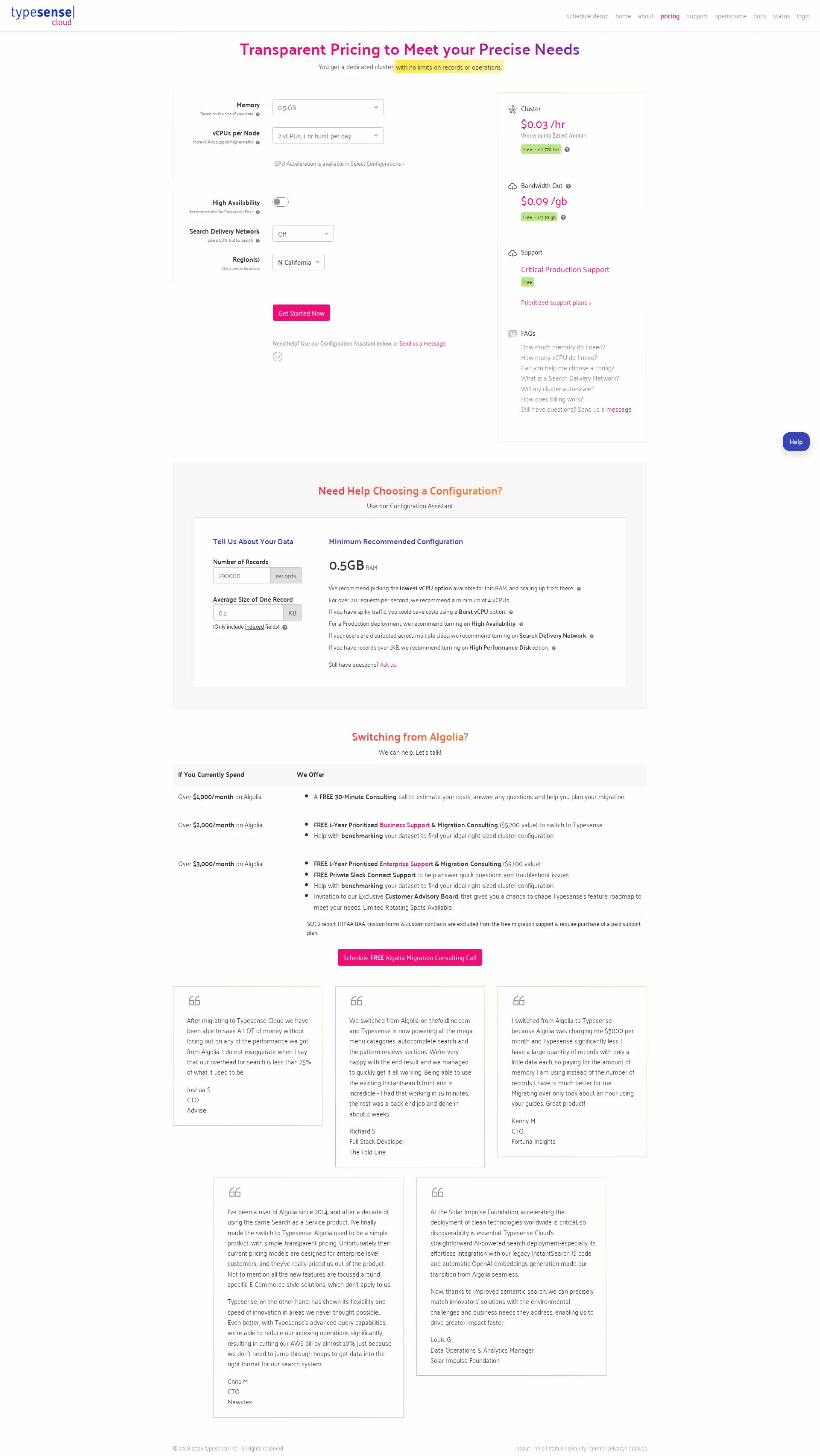 Typesense Cloud pricing page screenshot