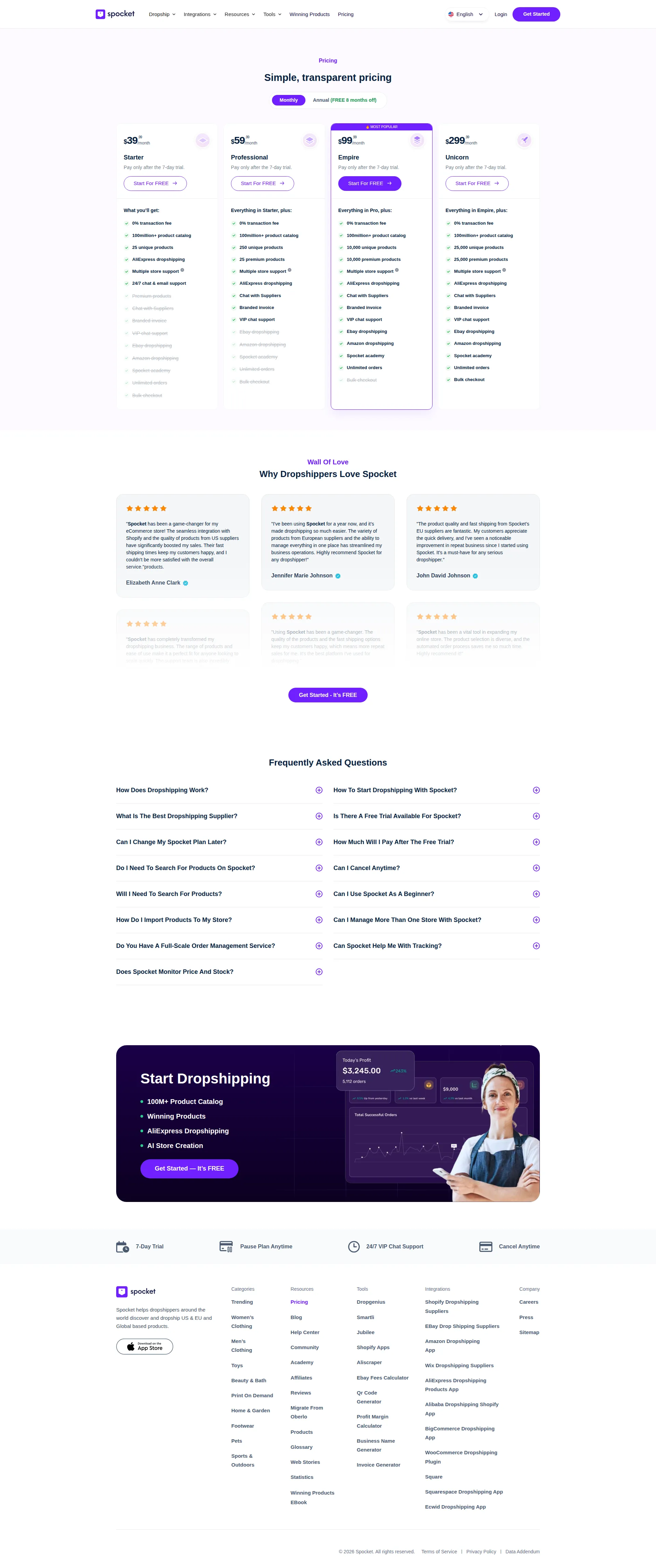 Spocket pricing page screenshot