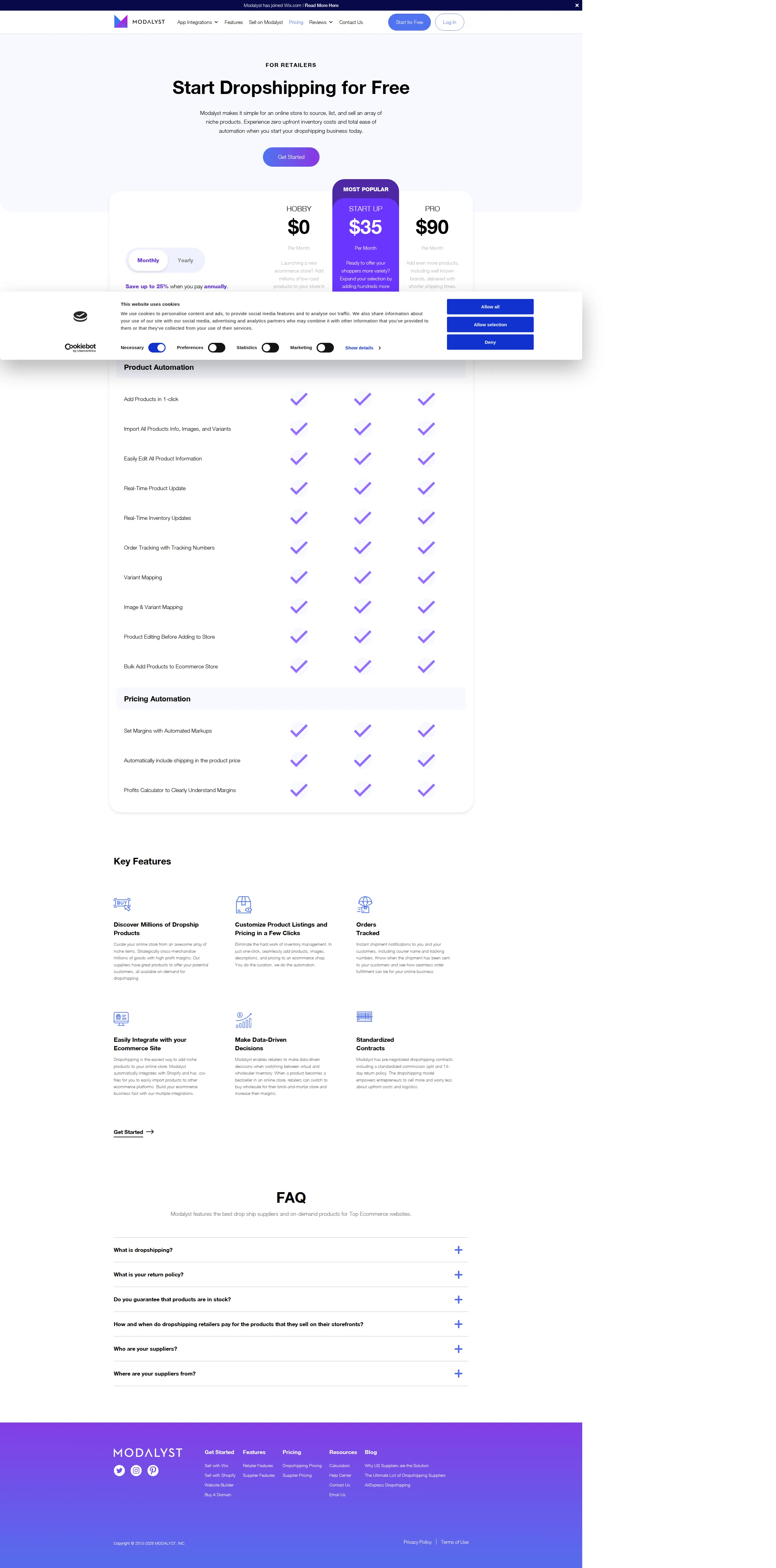 Modalyst pricing page screenshot