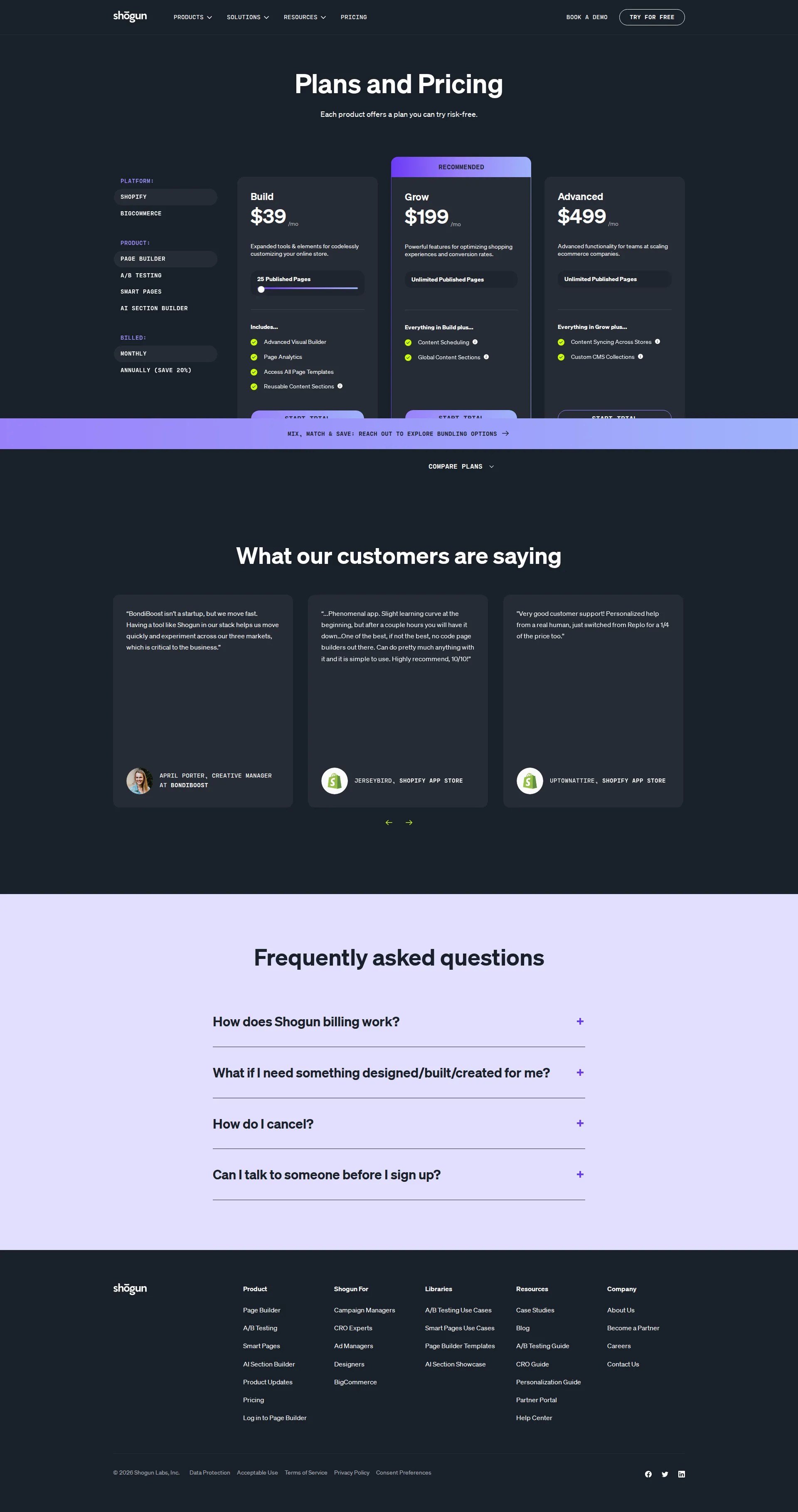 Shogun pricing page screenshot