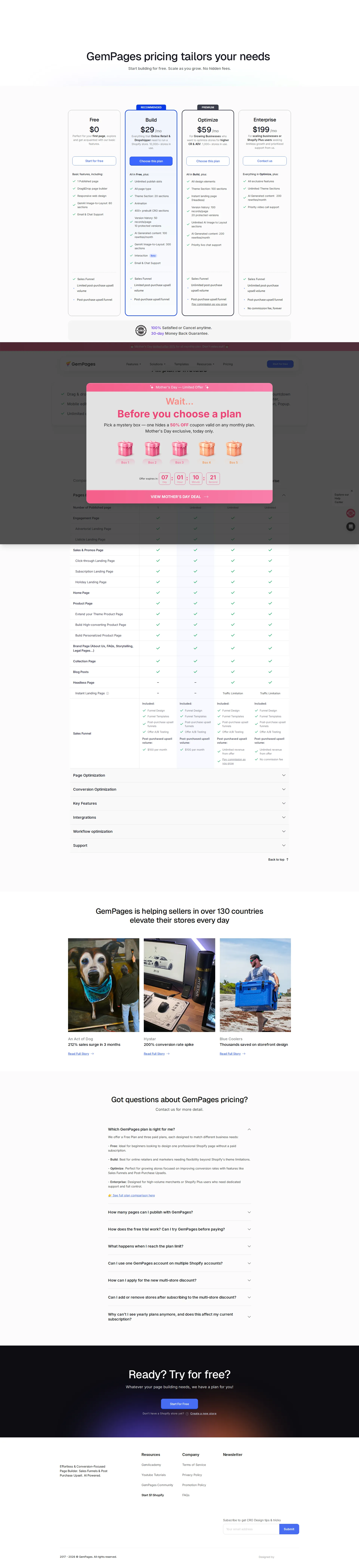 GemPages pricing page screenshot
