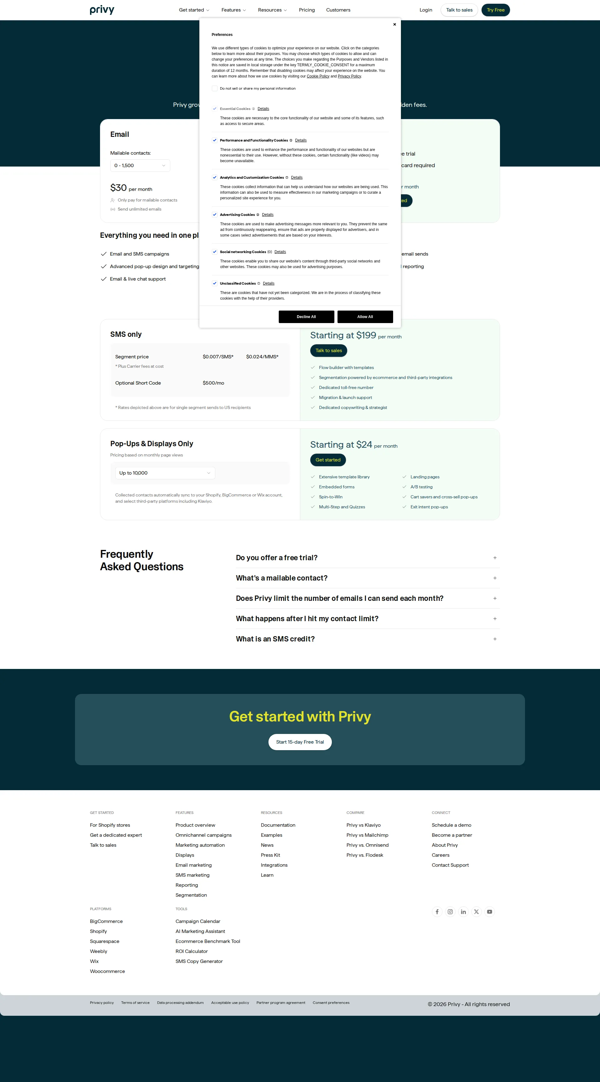 Privy Ecommerce pricing page screenshot