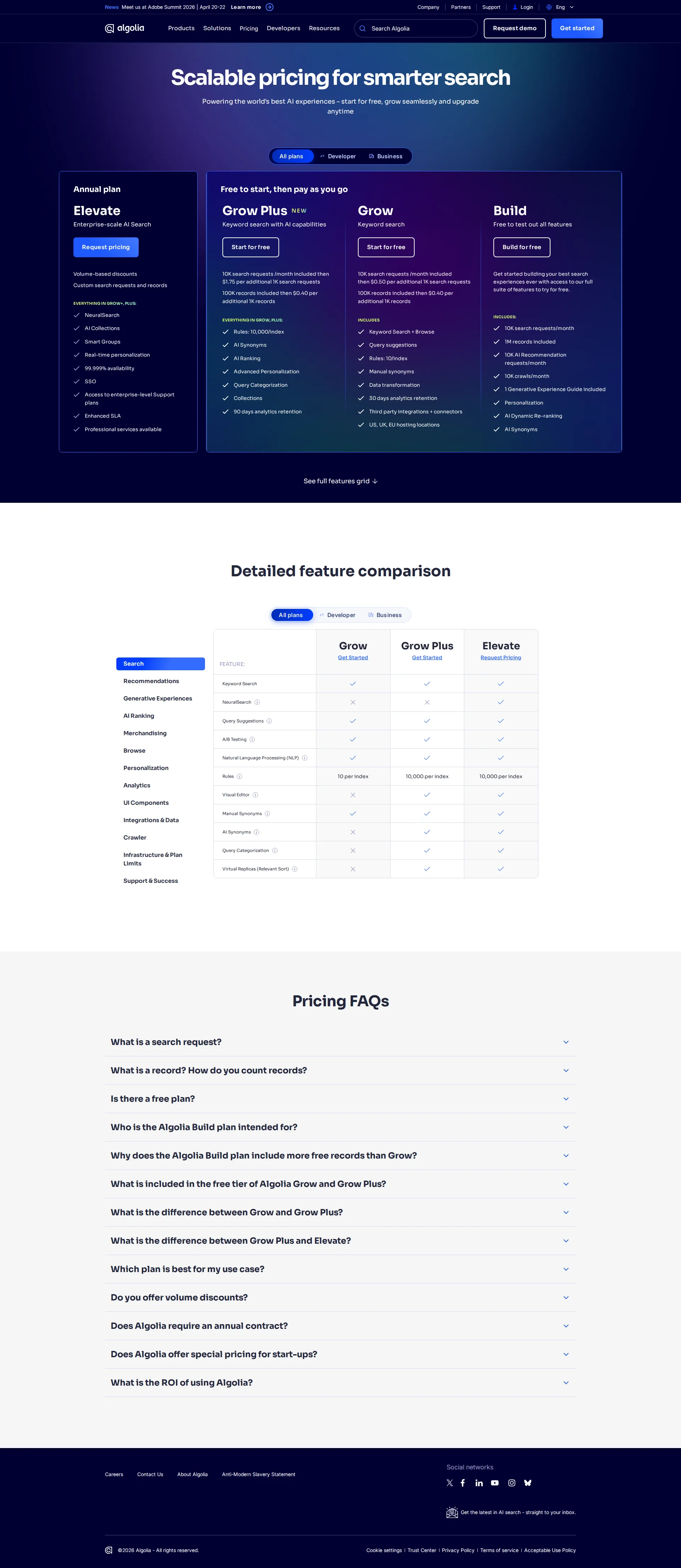 Algolia pricing page screenshot