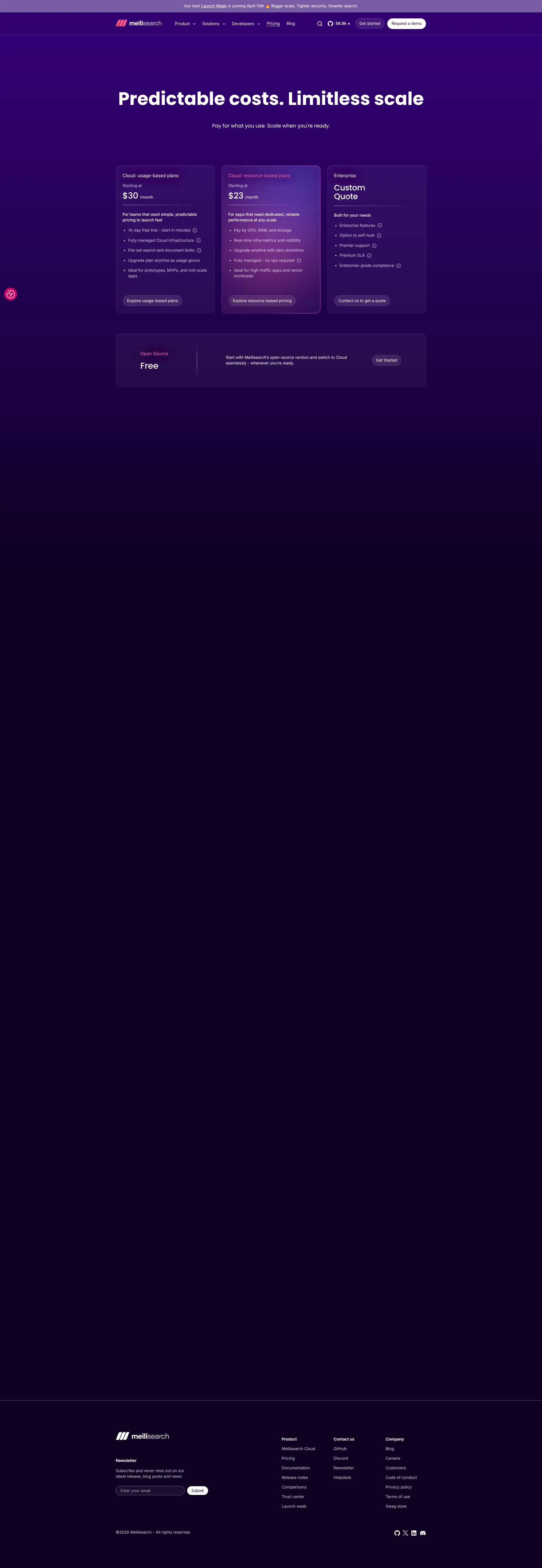 Meilisearch pricing page screenshot