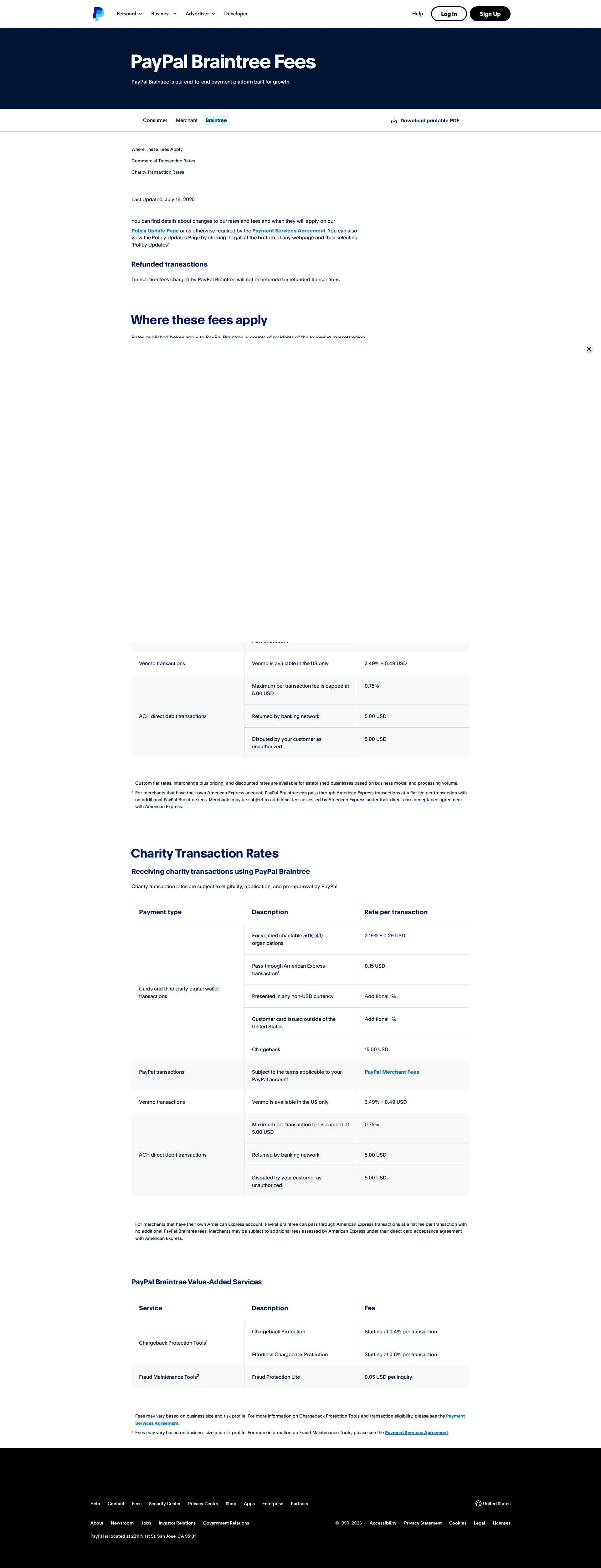 Braintree pricing page screenshot
