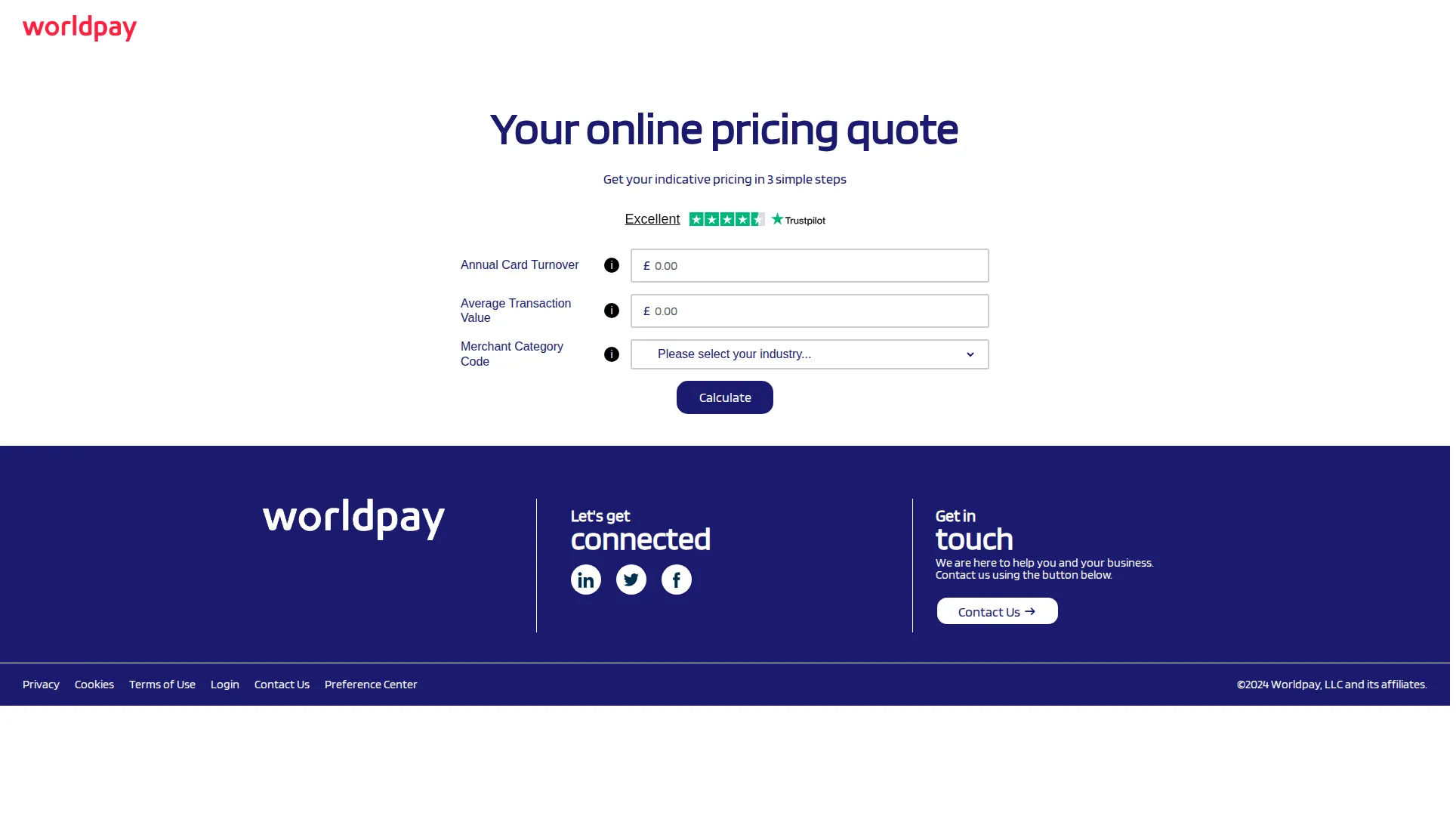 Worldpay pricing page screenshot
