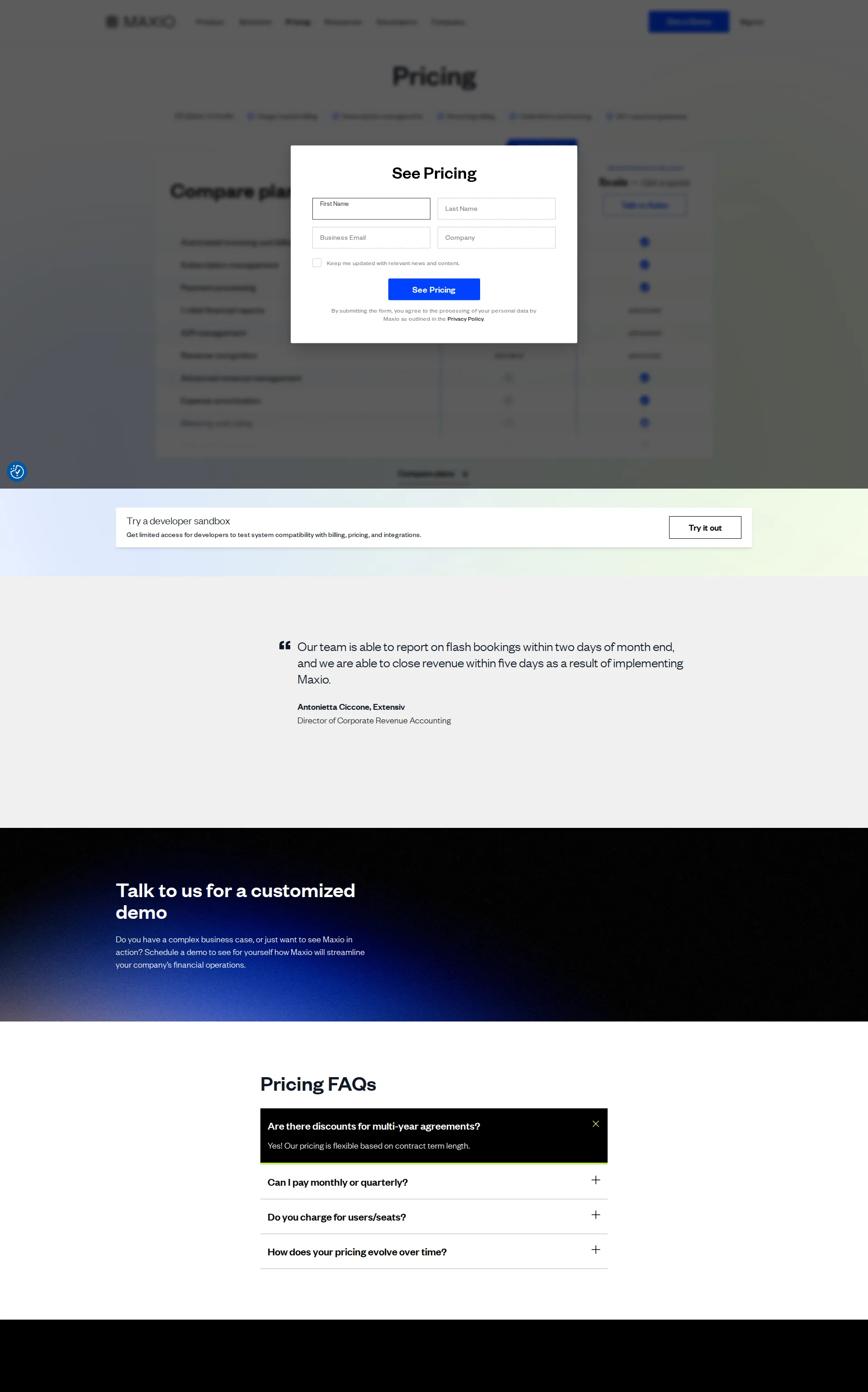 Maxio pricing page screenshot