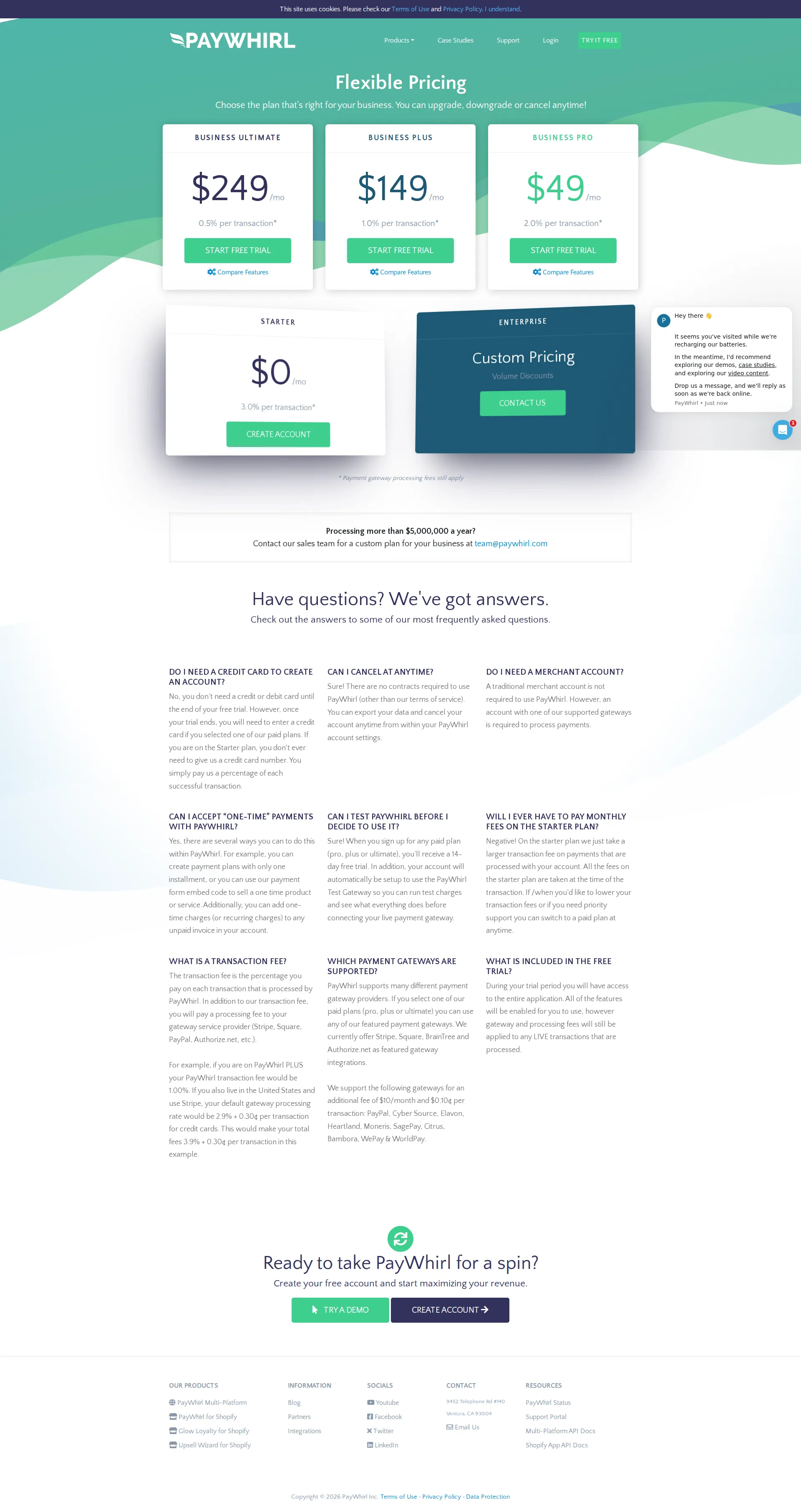 PayWhirl pricing page screenshot