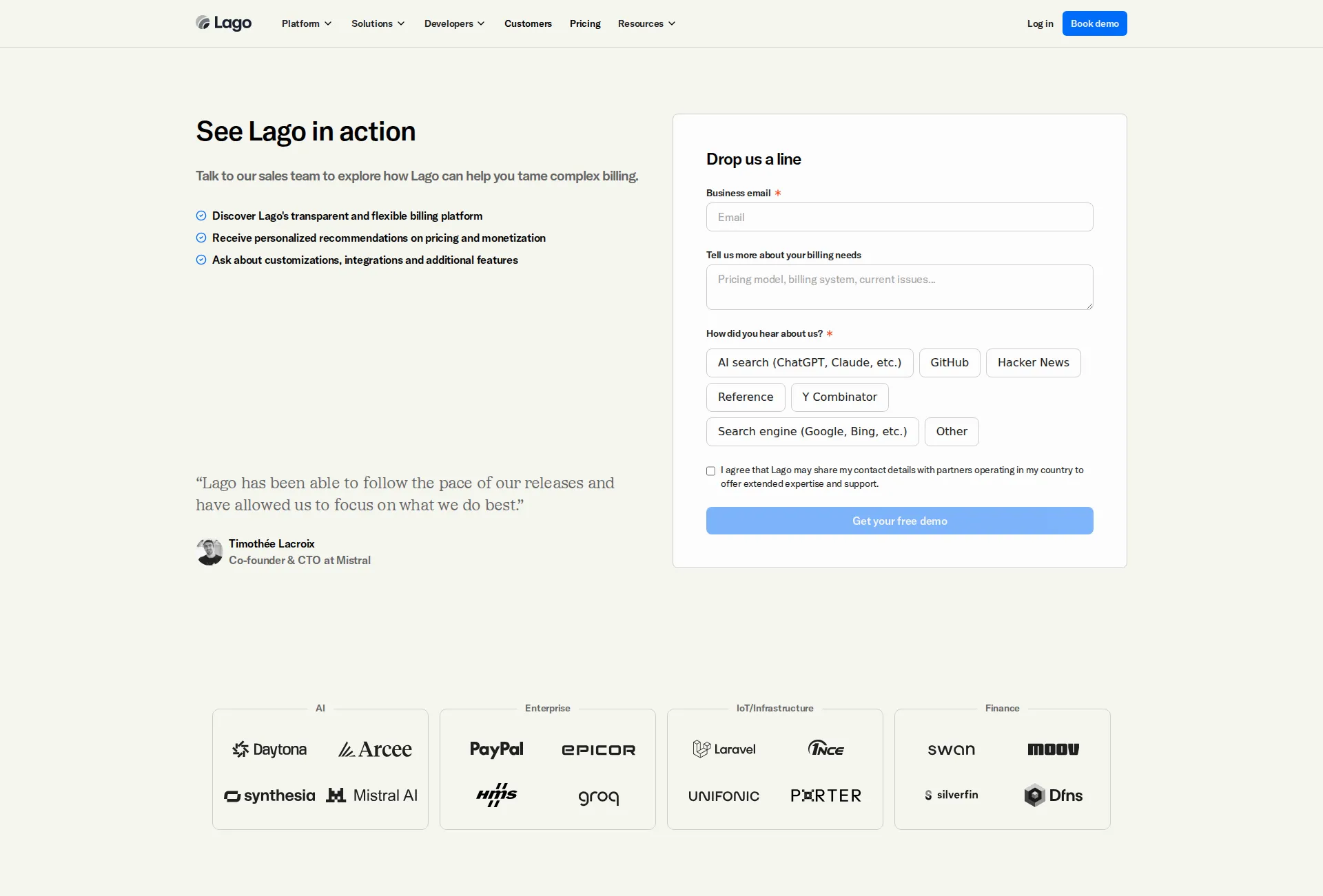 Lago pricing page screenshot