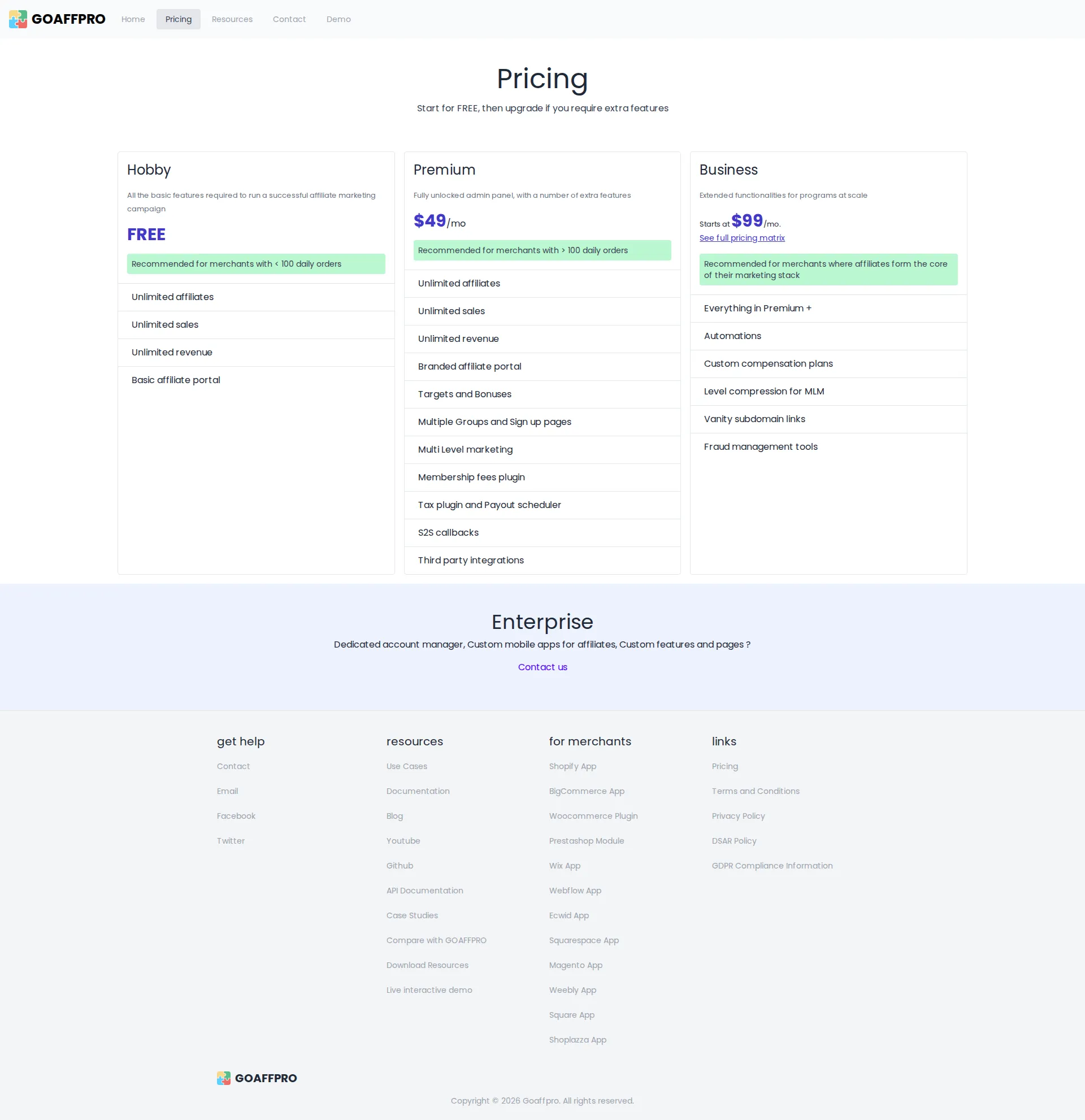 GoAffPro pricing page screenshot
