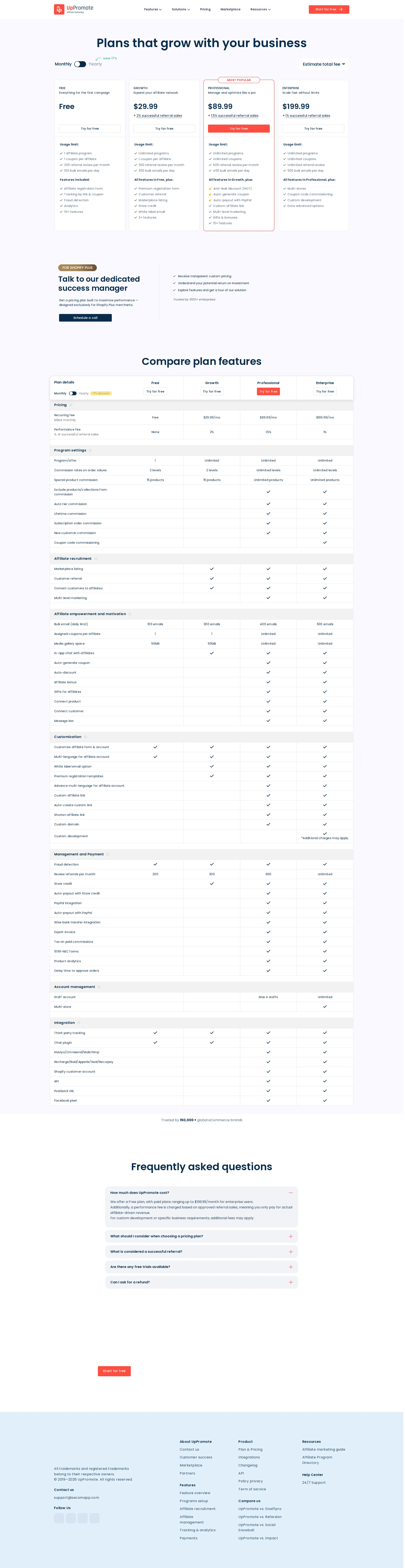 UpPromote pricing page screenshot