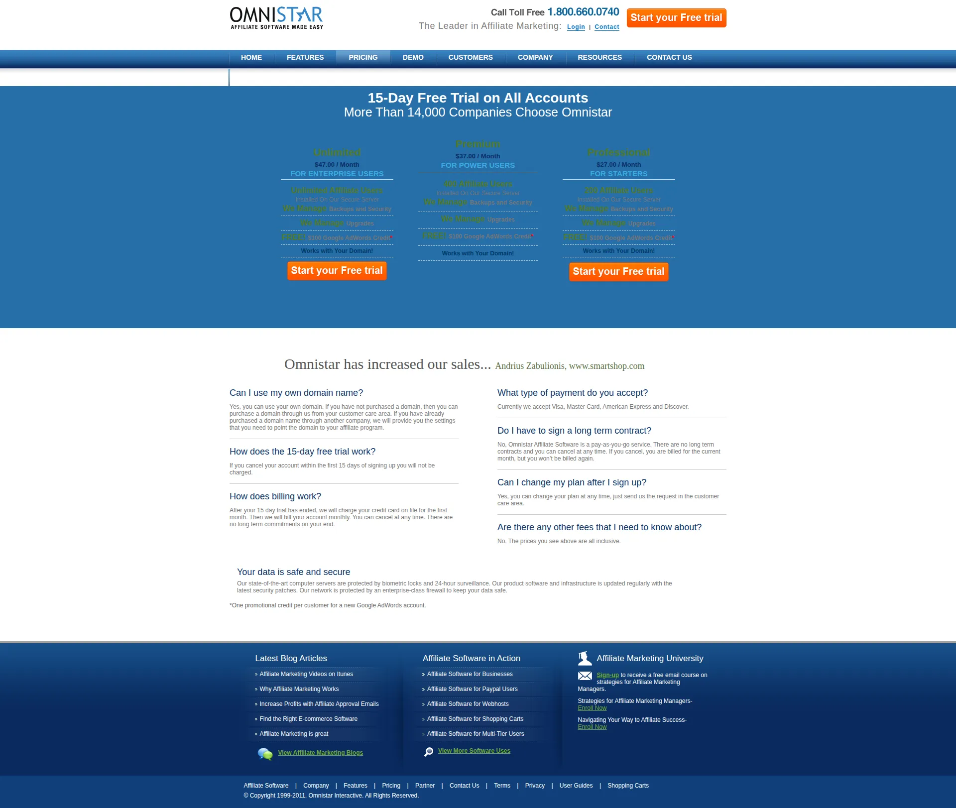 OSI Affiliate pricing page screenshot