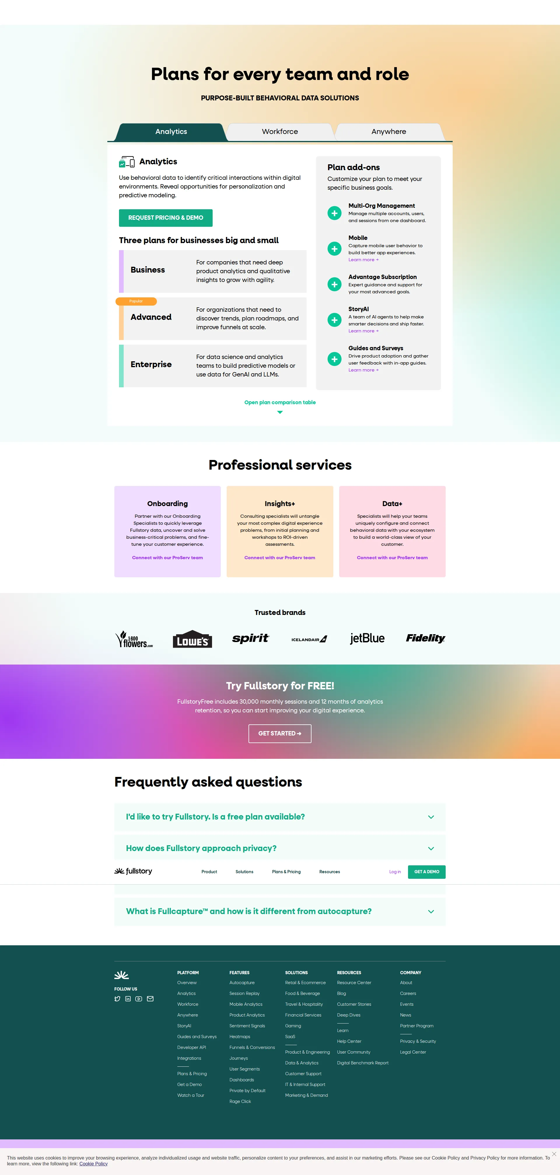 FullStory pricing page screenshot