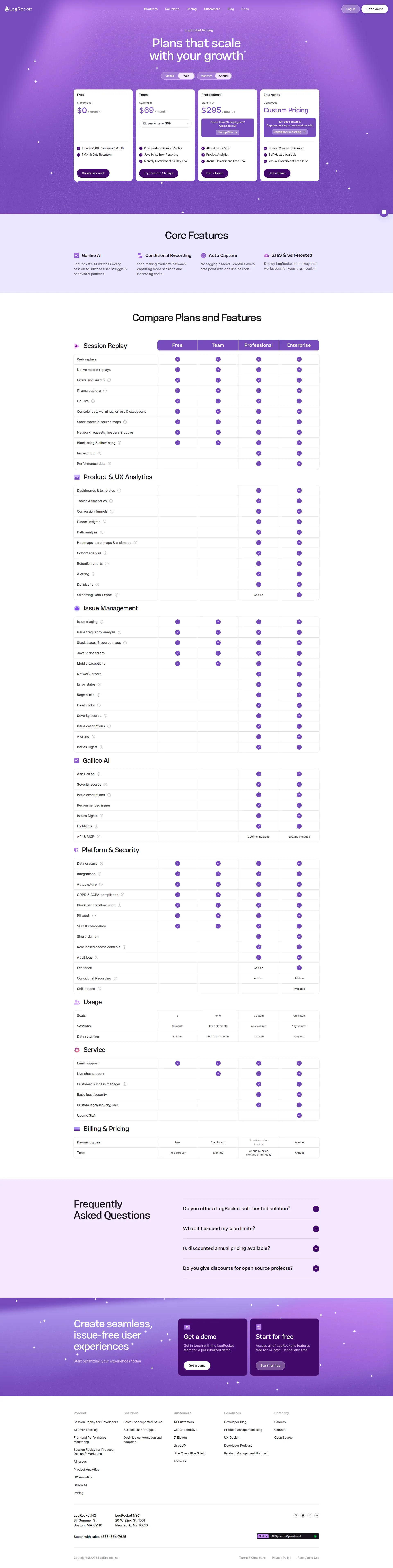 LogRocket pricing page screenshot