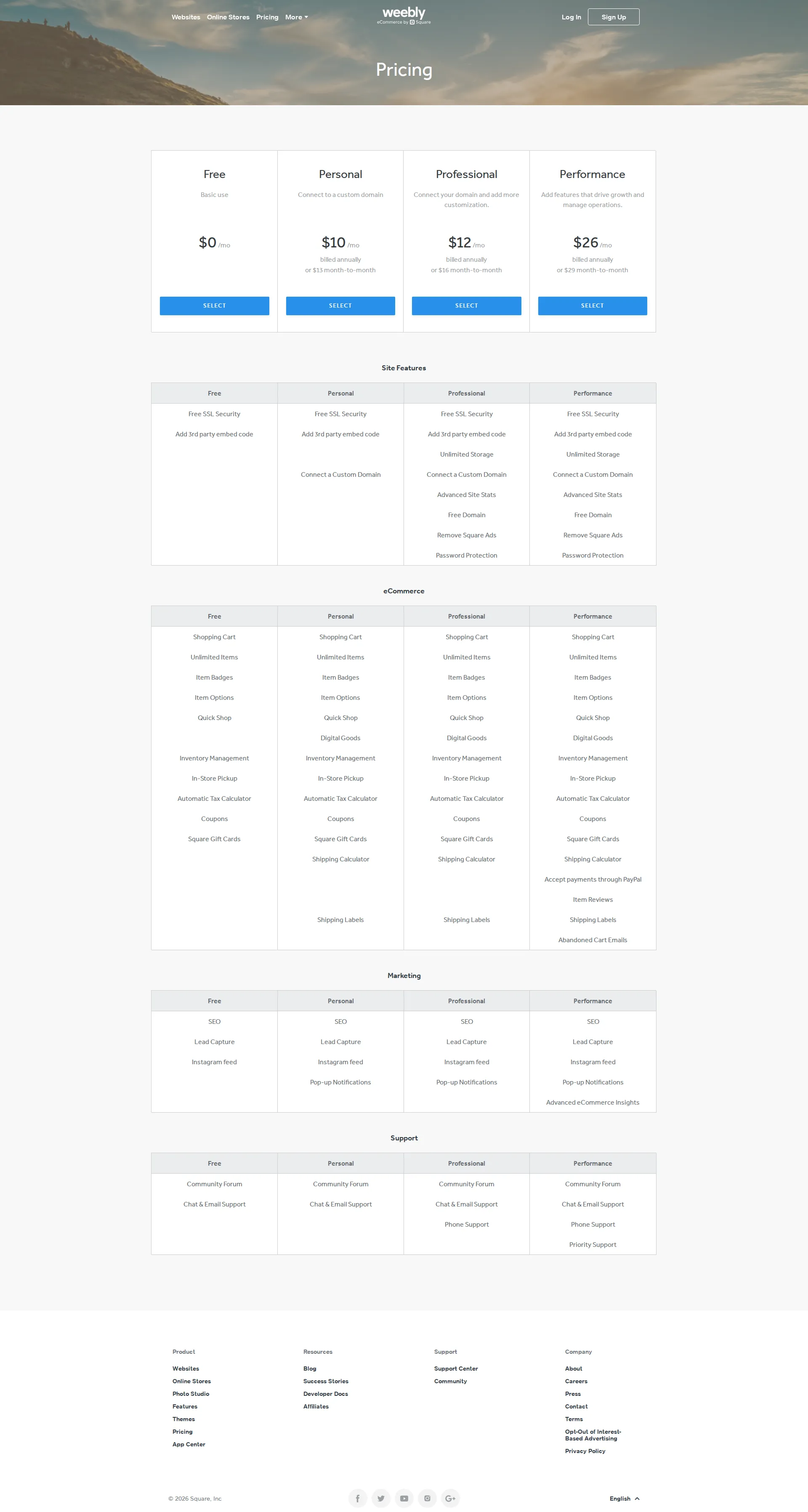 Weebly pricing page screenshot