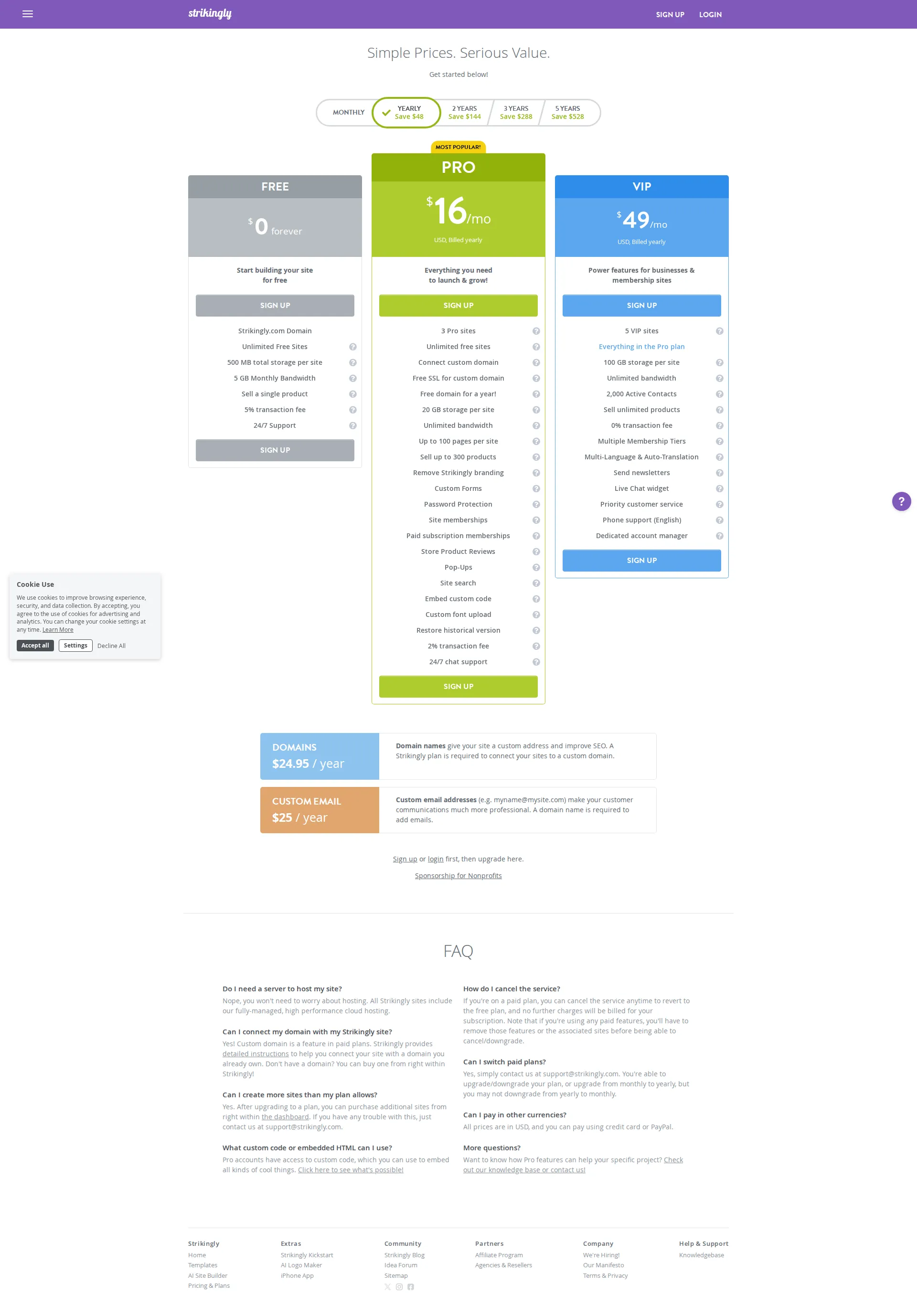 Strikingly pricing page screenshot
