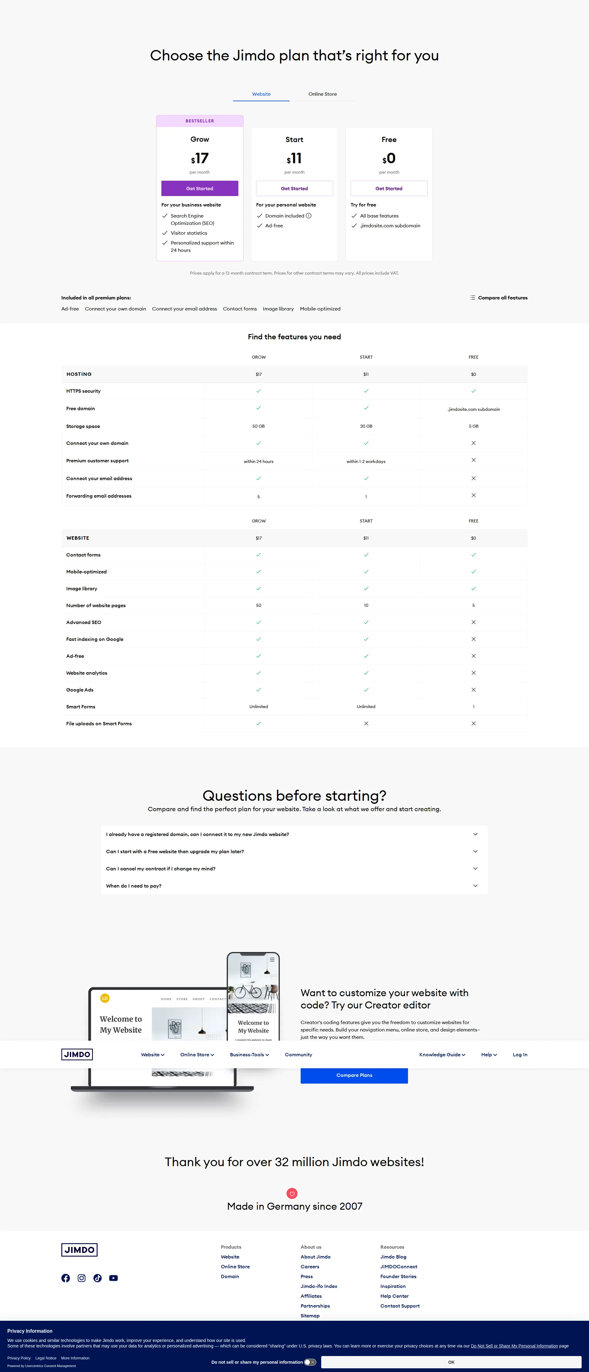 Jimdo pricing page screenshot