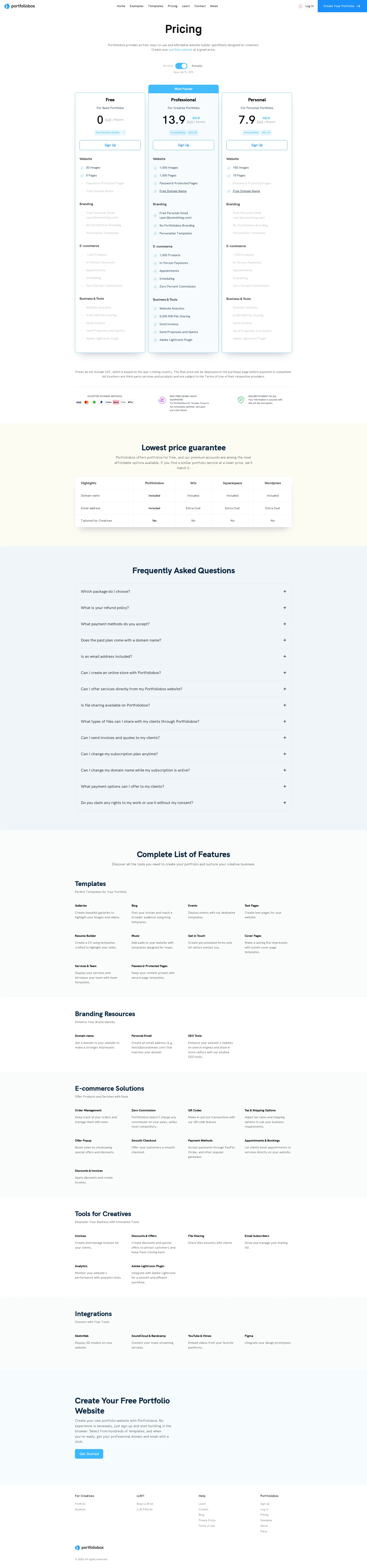 Portfoliobox pricing page screenshot