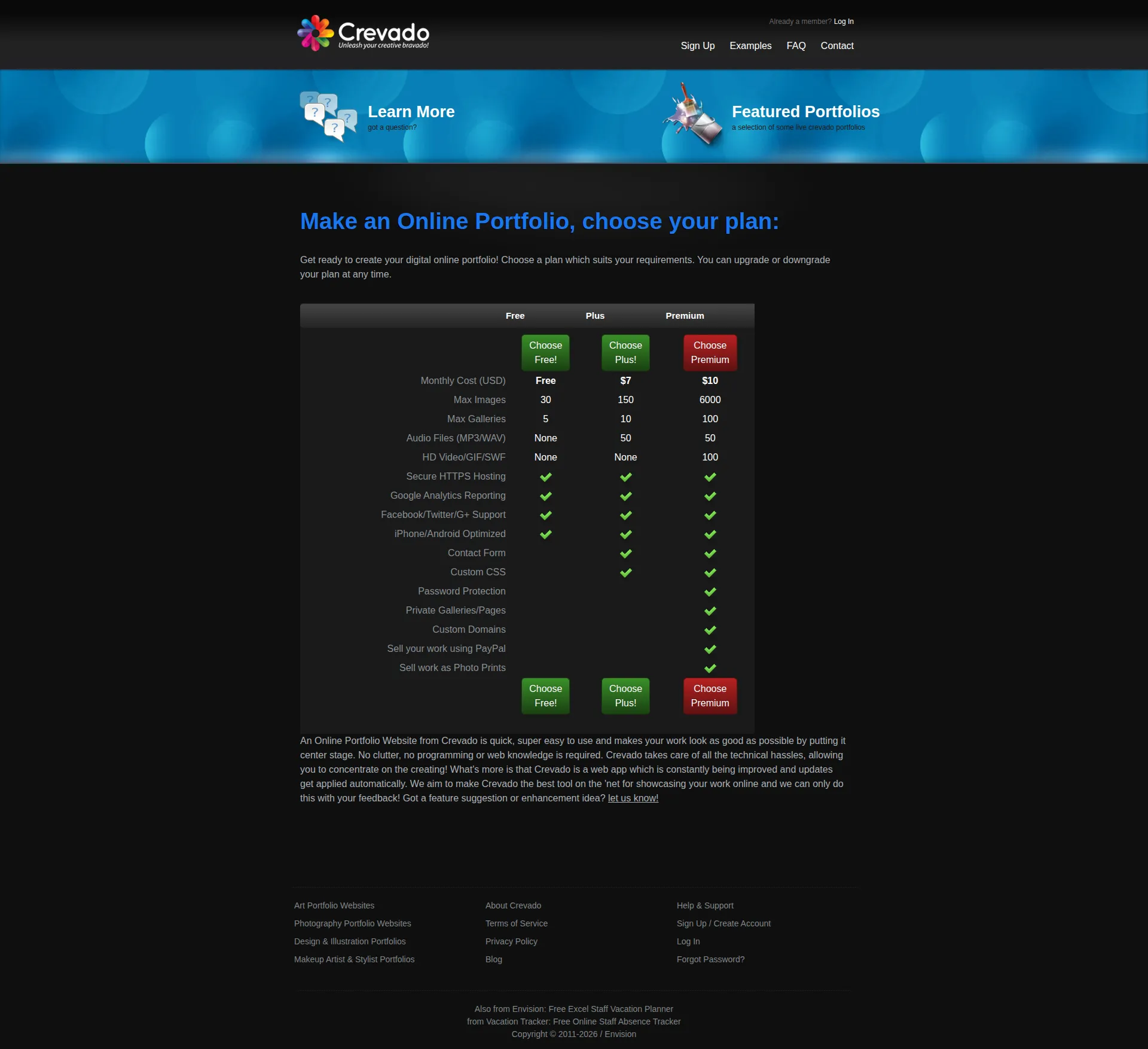 Crevado pricing page screenshot