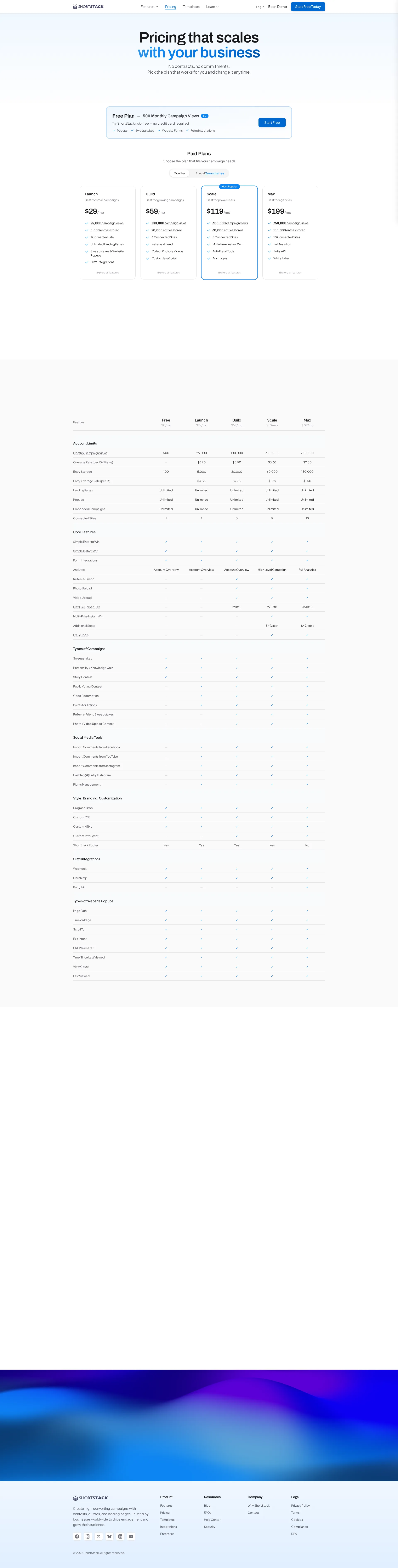 ShortStack pricing page screenshot