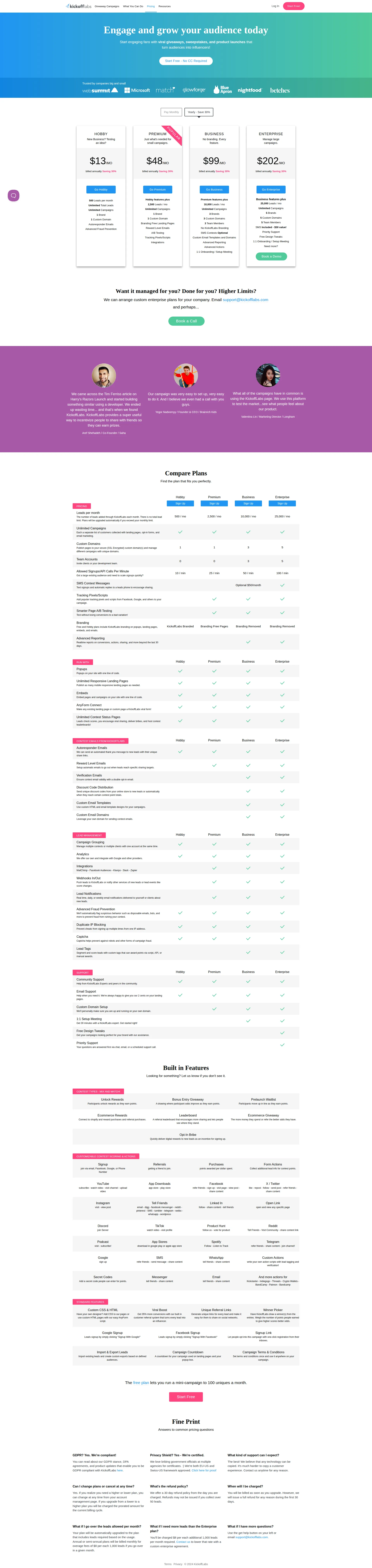KickoffLabs pricing page screenshot