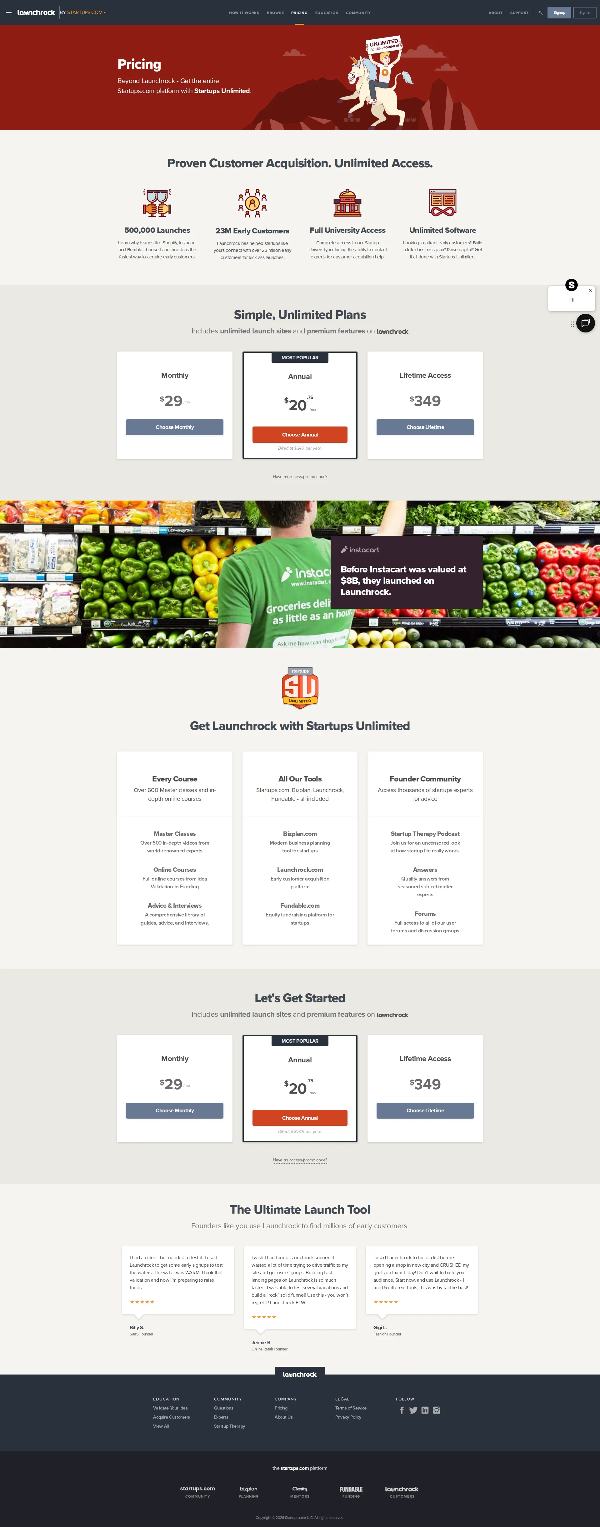 Launchrock pricing page screenshot