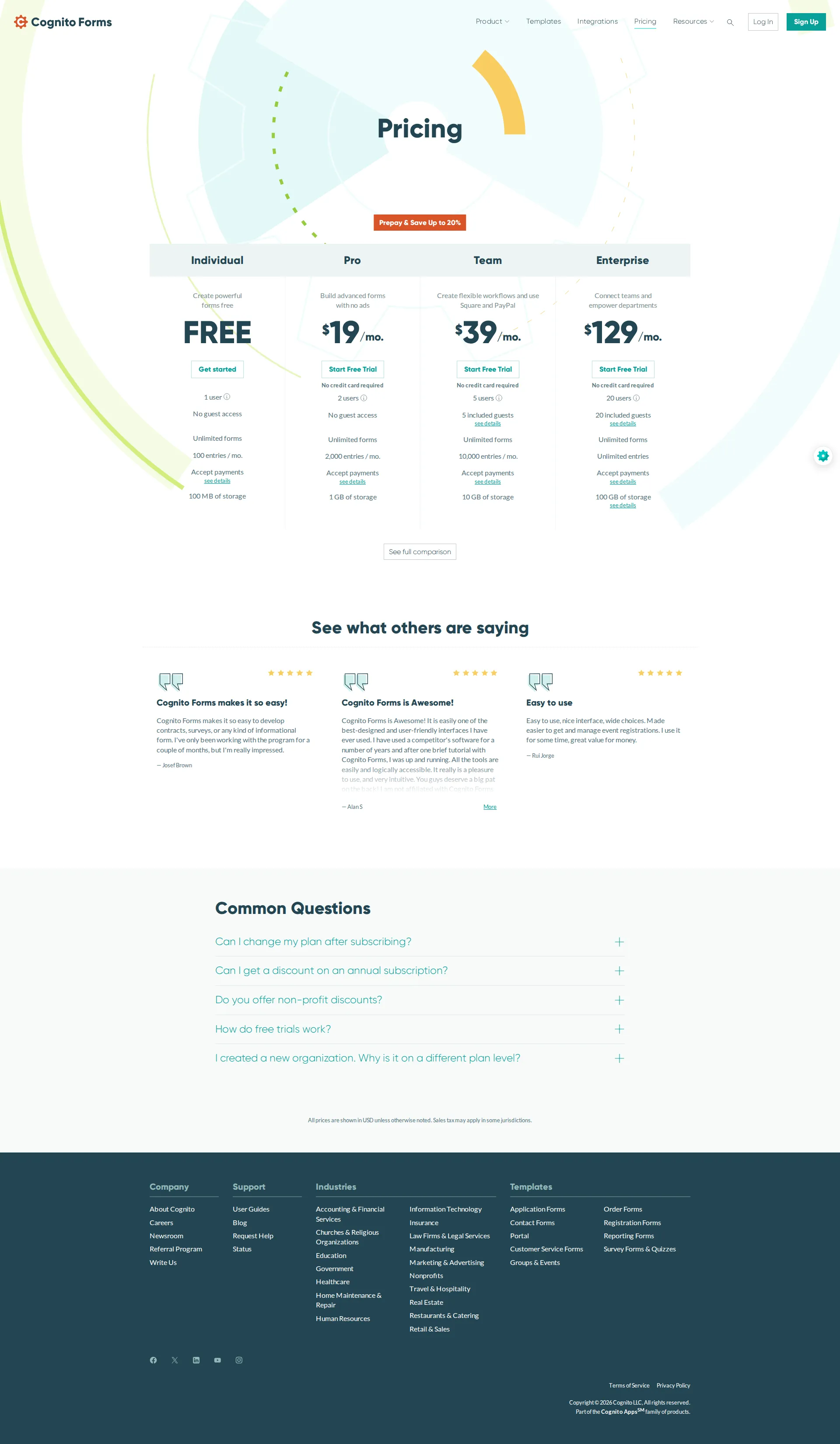 Cognito Forms pricing page screenshot