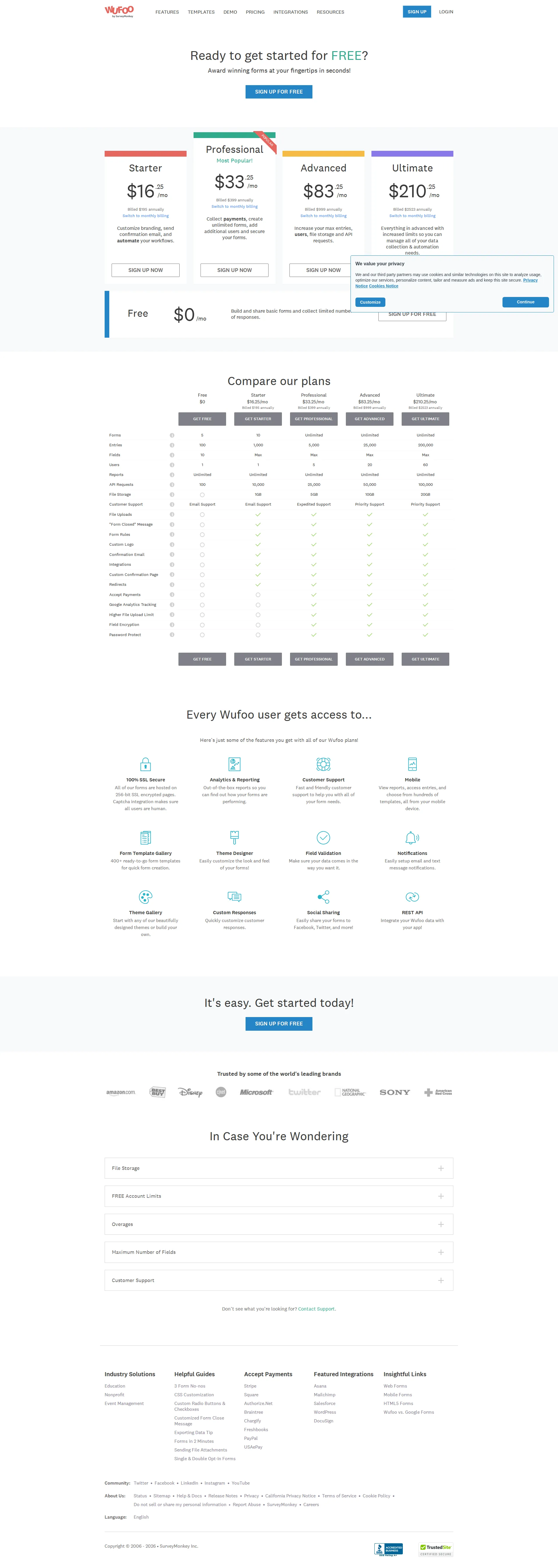 Wufoo pricing page screenshot