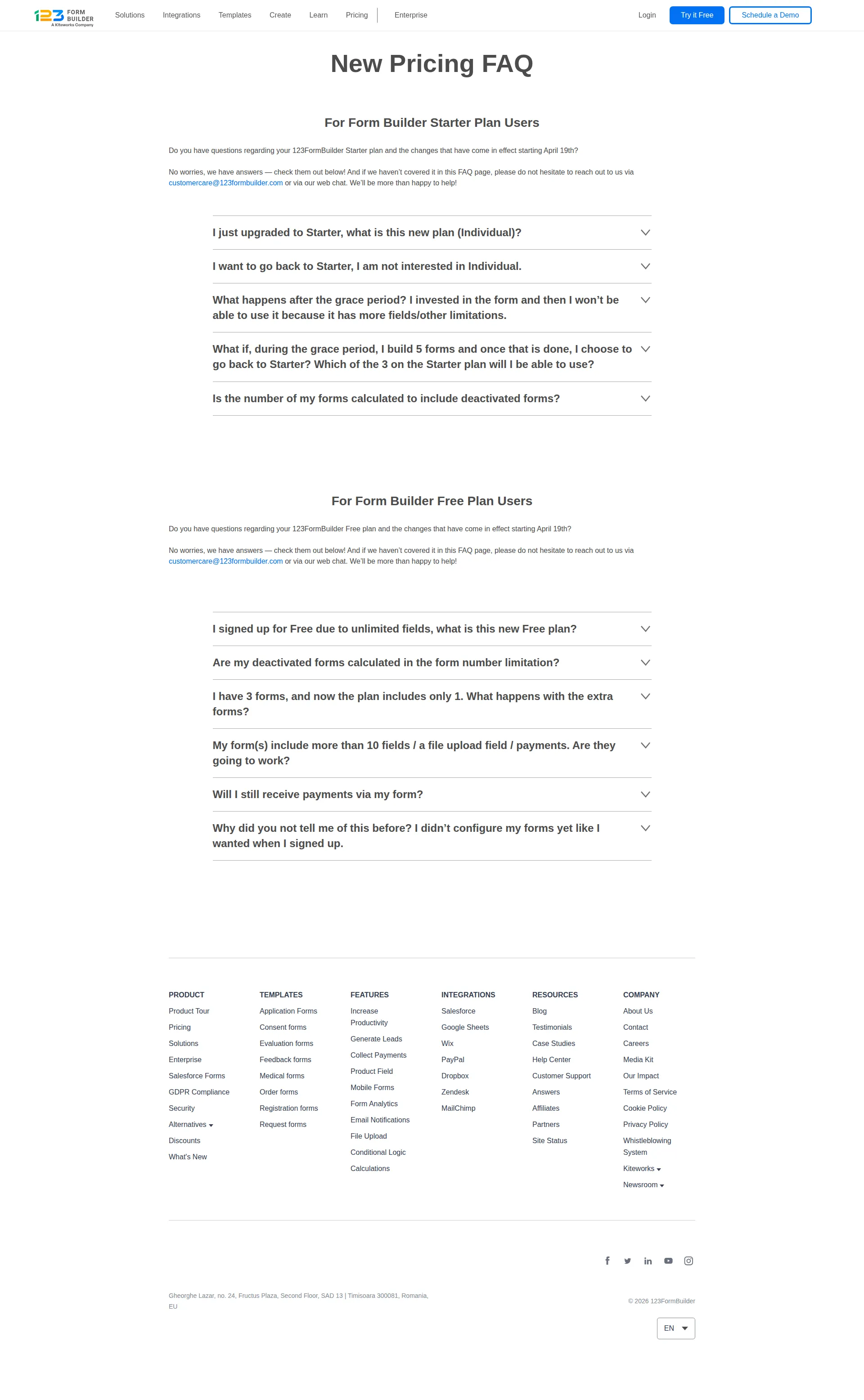 123FormBuilder pricing page screenshot