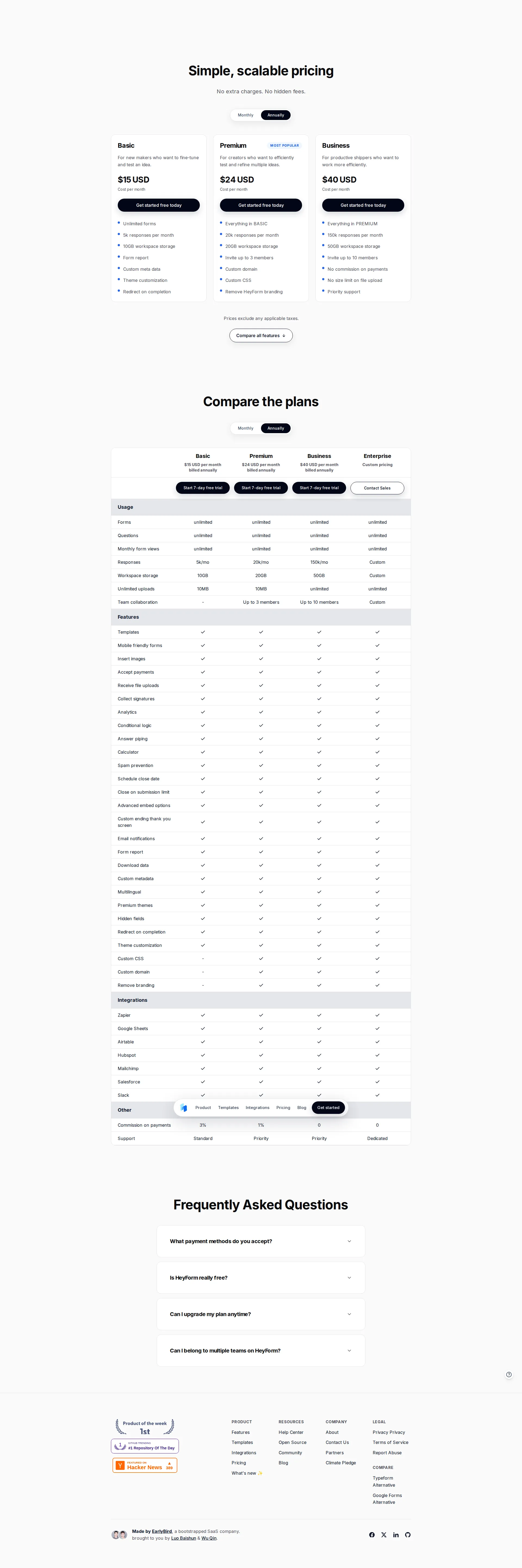 HeyForm pricing page screenshot