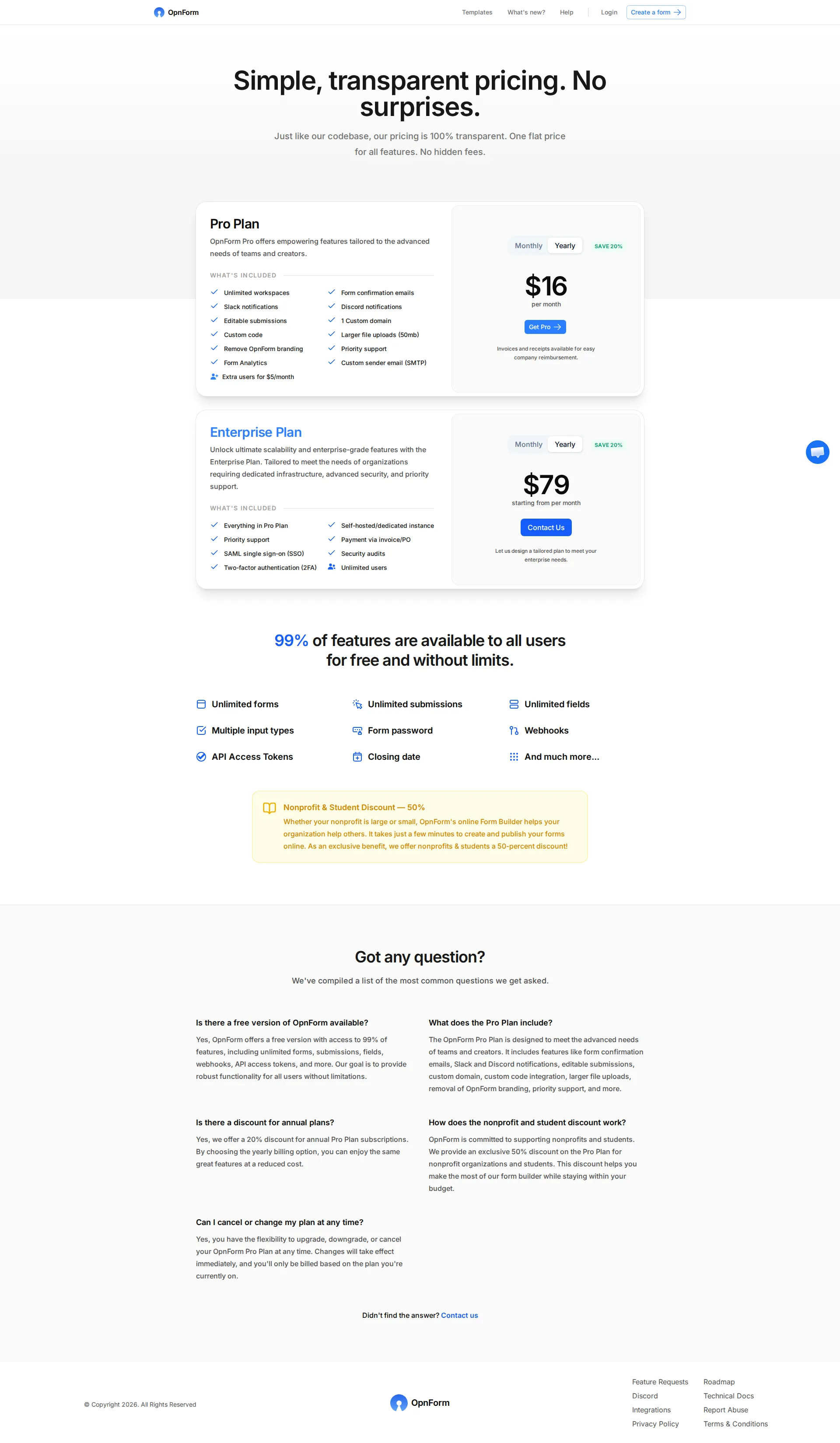 OpnForm pricing page screenshot