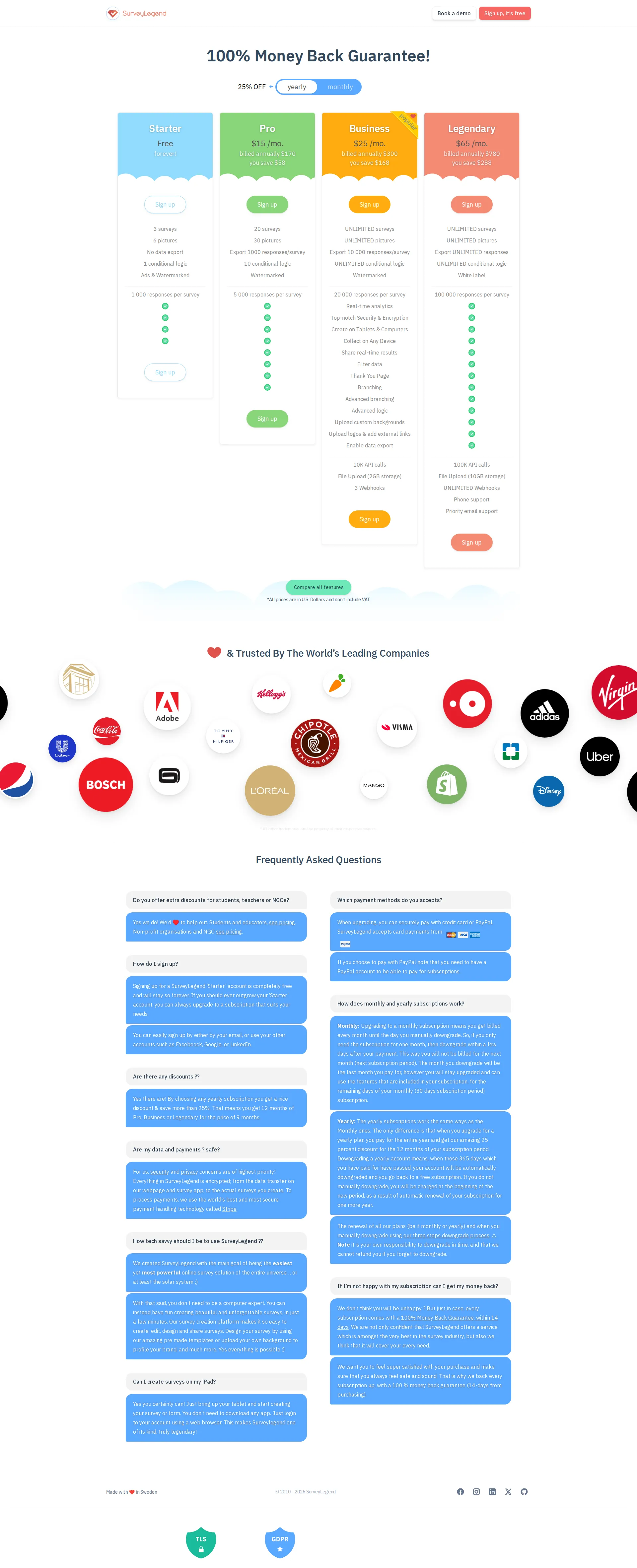SurveyLegend pricing page screenshot