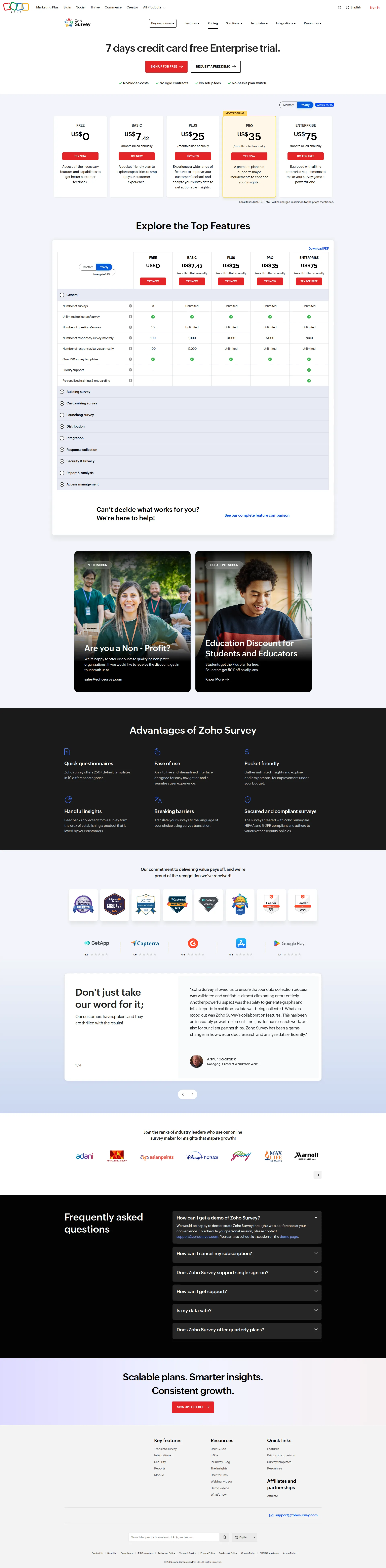 Zoho Survey pricing page screenshot