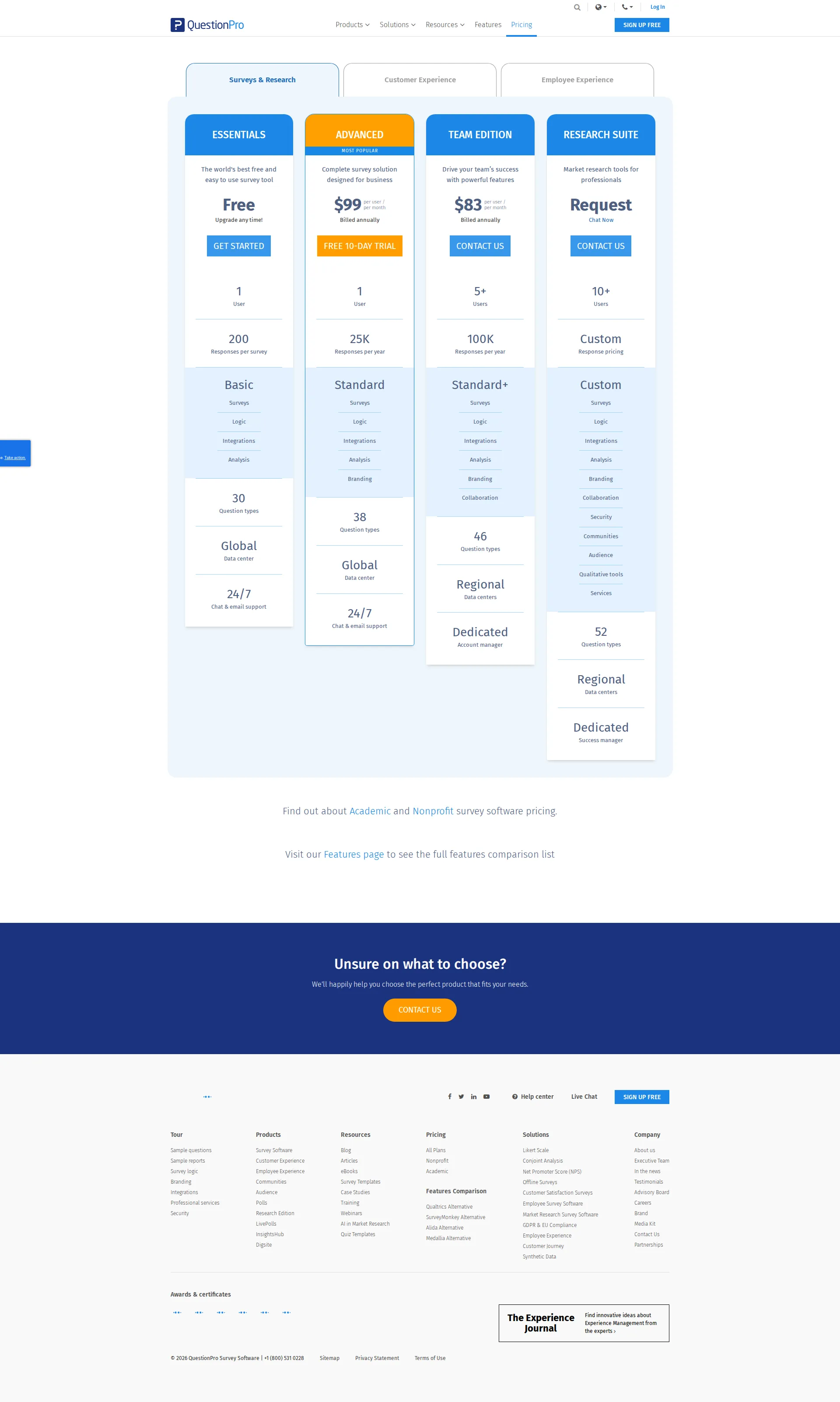 QuestionPro pricing page screenshot