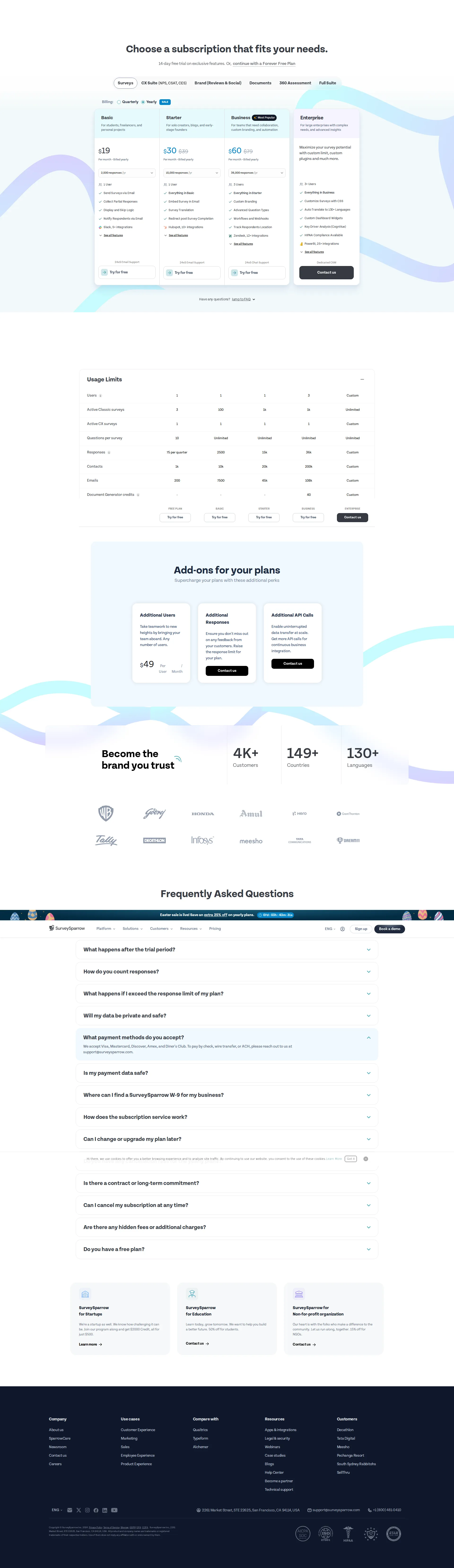 SurveySparrow pricing page screenshot